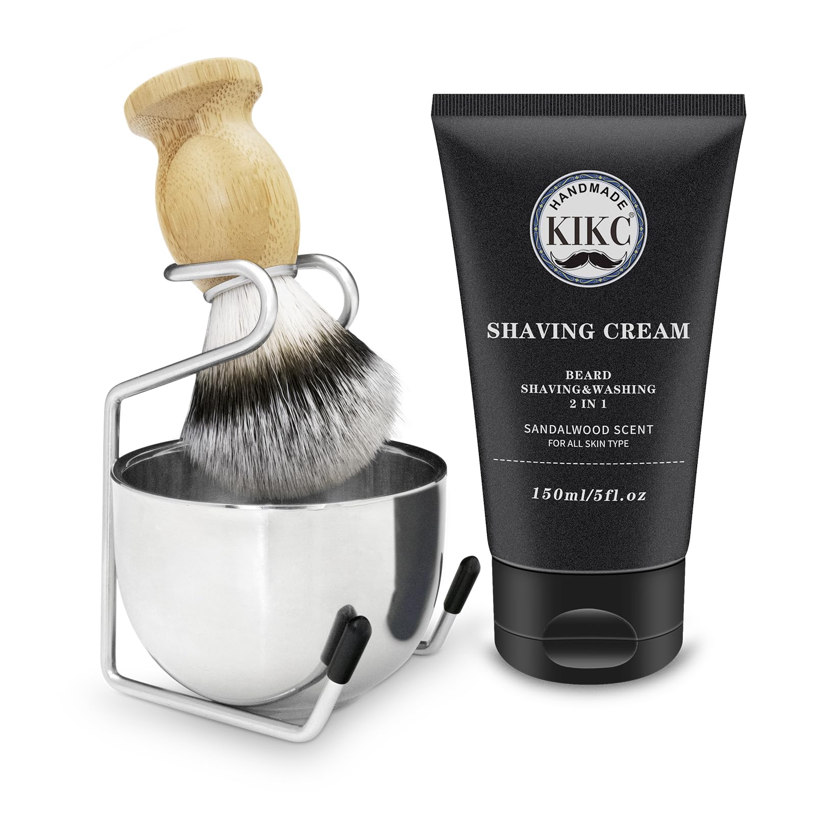 5 in 1 Premium Men's Shaving Kit - Synthetic Shave Brush, Stainless Steel Lathering Bowl, Brush Stand, Shaving Cream & Manual - Perfect Gift for Bearded Men (Silvery Set) - Ideal for Wet Shaving, Travel & Grooming Routine