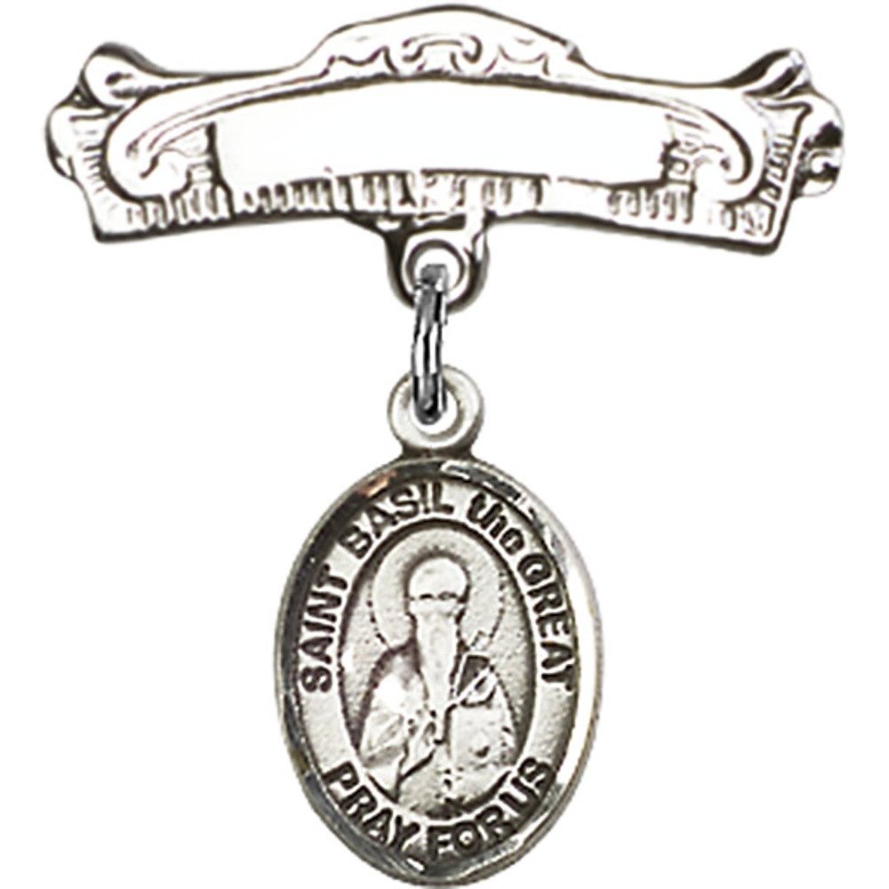 St. Basil The Great Sterling Silver Baby Badge - 7/8 X 7/8 Inch Arched Polished Charm Pin for Christening, Baptism & First Communion Gifts