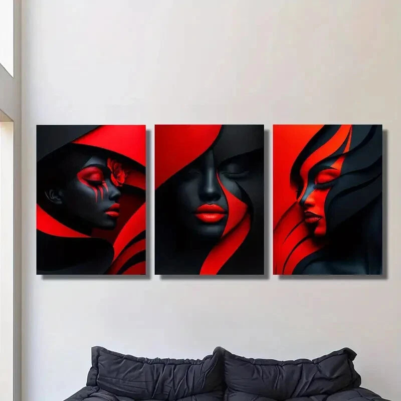 3Pcs Geometric Red Makeup Poster - Metal Print Wall Art Ready to Hang | Modern Home Decor for Living Room, Bedroom & Office
