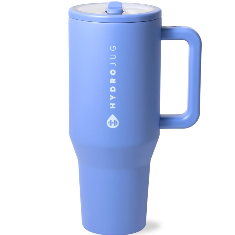 HydroJug Traveler - 40 oz Insulated Stainless Steel Water Bottle with Handle & Flip Straw - Leak Proof, Fits in Cup Holder, Reusable Tumbler with Rubber Base - Perfect Gift for Women & Men, Light Blue - Ideal for Gym, Hiking, Office & Outdoor Activities
