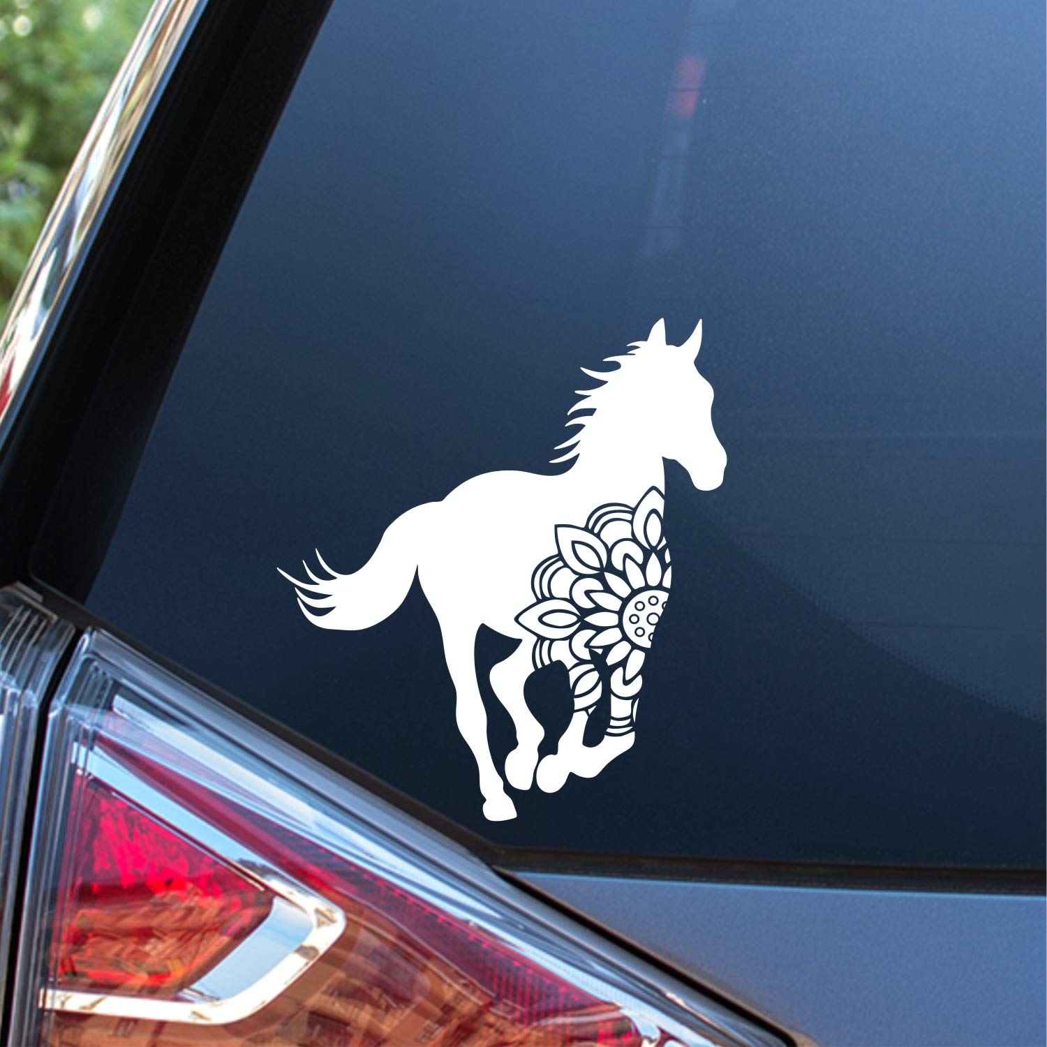 Sunset Graphics & Decals - Premium Vinyl Horse Mandala Car Sticker | Waterproof Decal for Cars, Trucks, Vans, Walls, Laptops, Mirrors, Skateboards & Tablets | White 6.5 Inch | Art & Home Decor | Perfect for Bumper Stickers, Bedroom Wall Art & Personalizing Devices | SGD000104