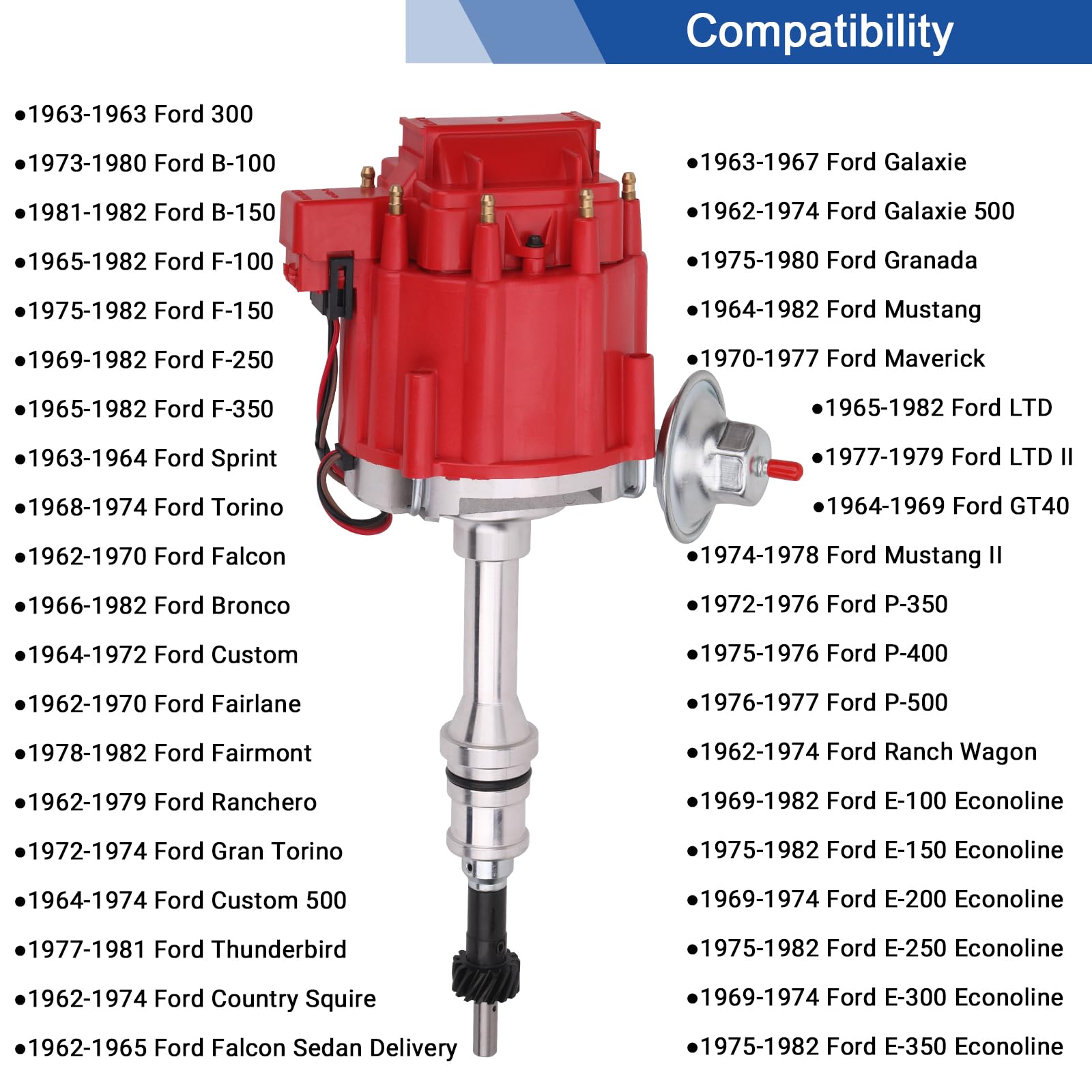 High-Performance Ignition Distributor with 65K Volt Coil - Compatible with SBF Small Block Ford 221 260 289 302 5.0L Engines (Red Cap) - Fits Ford 300 F-150 E-100 Econoline Mustang Fairmont - Direct Replacement for 1030213 PE330U - Ideal for Engine Upgrades & Classic Car Restoration