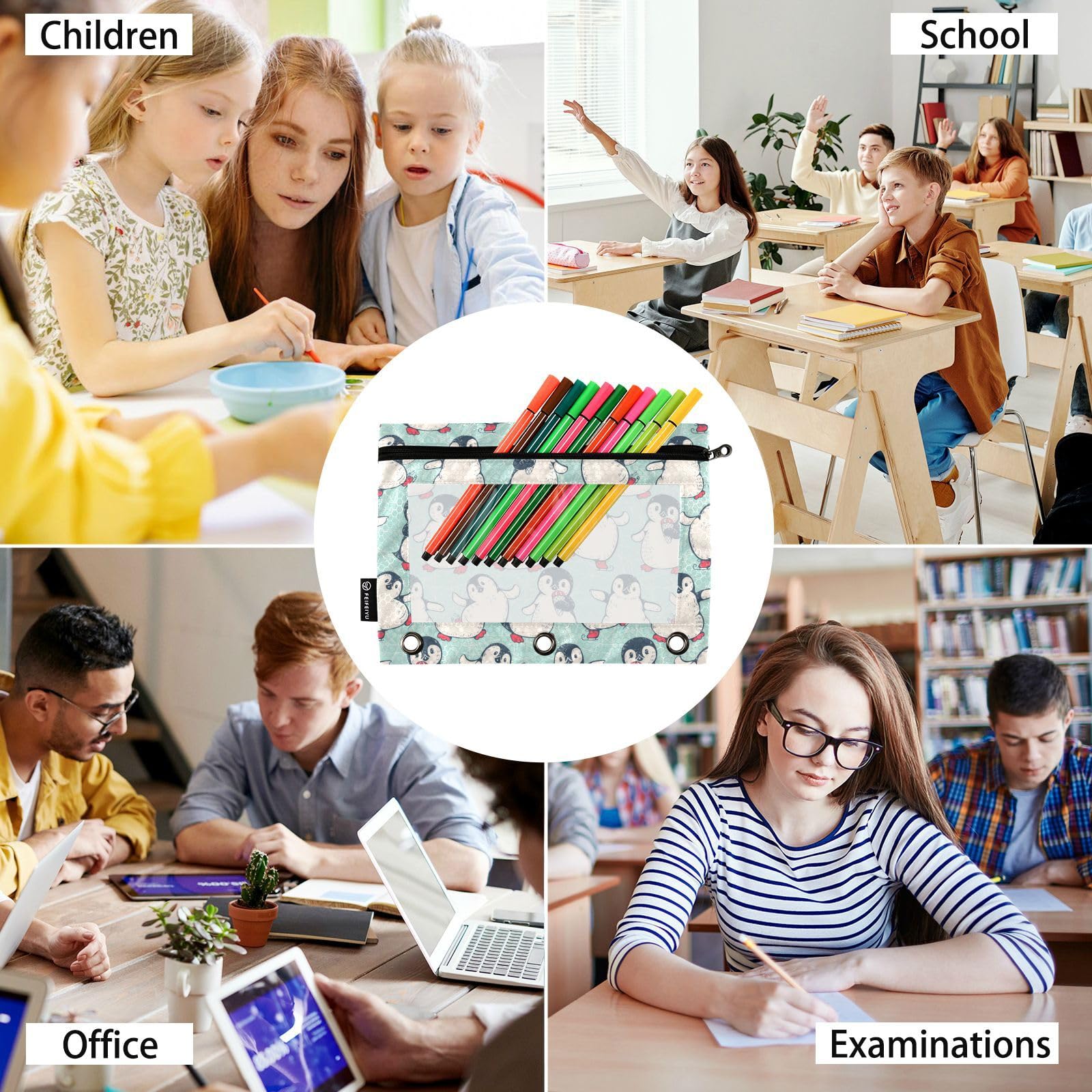 2 Pack Cute Penguins Pencil Pouch with Clear Window & Zipper for 3 Ring Binder - School, Office & College Supplies for Daily Organization