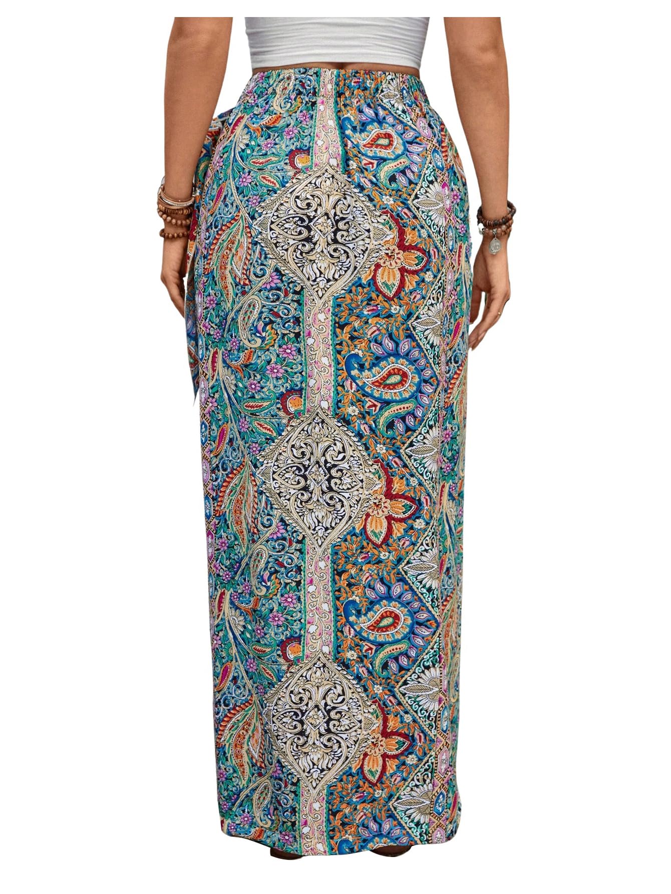 Boho Paisley Print High Waisted Wrap Skirt for Women - Flowy Summer Maxi Long Skirt with Side Slit | Perfect for Beach Vacations, Music Festivals & Boho Chic Outfits