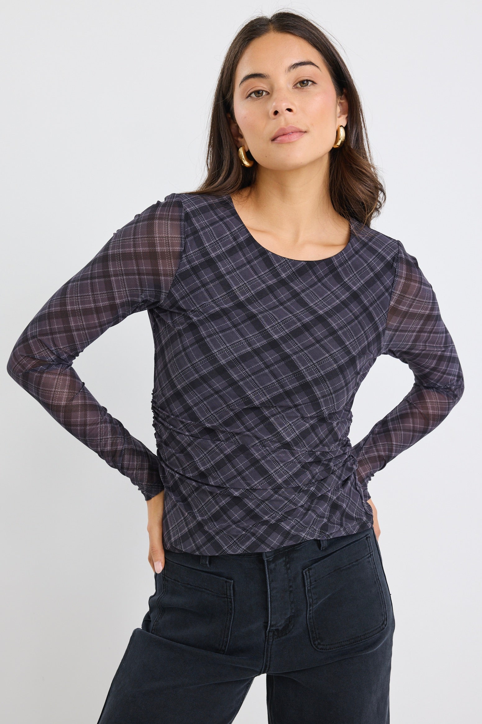 Charcoal Check Long Sleeve Wide Neck Top for Women - Stylish & Comfortable Fall Fashion - Perfect for Casual Outings & Layering