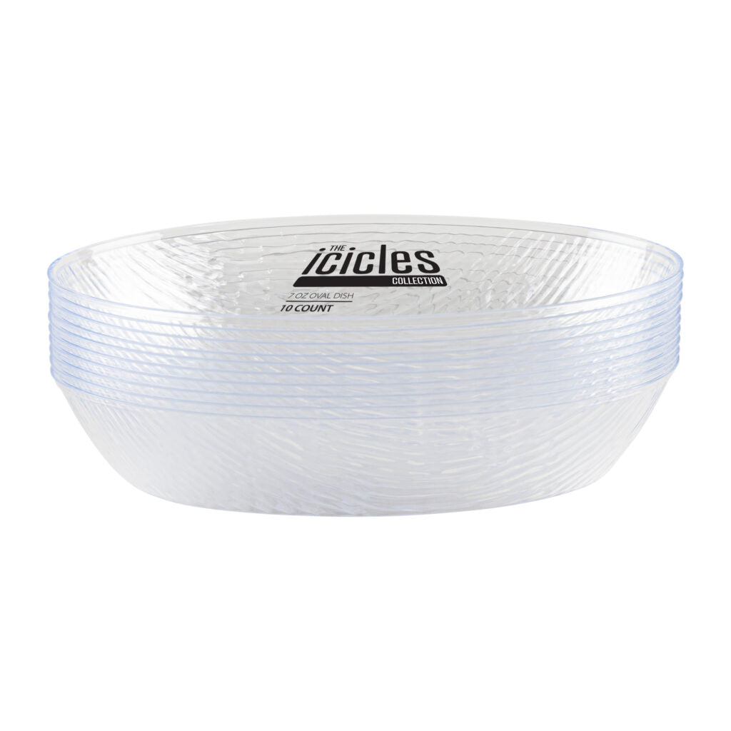 7 oz. Clear Oval Plastic Bowls (10 Pack) - Durable Disposable Serving Bowls for Parties, Picnics, Catering & Food Storage - BPA-Free Icicle Design