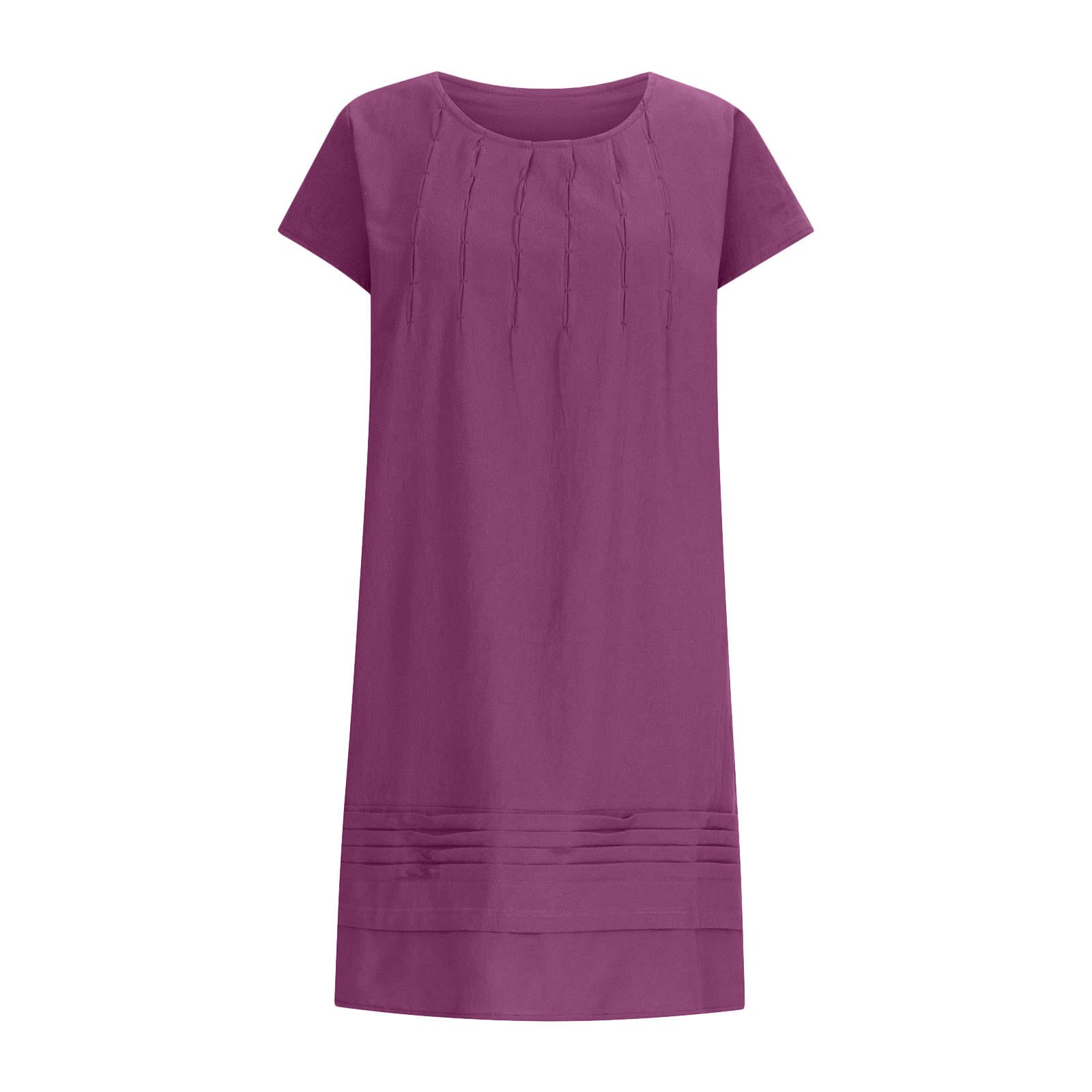 Women's Linen Pleated Summer Dress - Round Neck Short Sleeve Sundress for Beach Vacation & Casual Wear | Breathable Mini Dress 2025 | Perfect for Pool Parties, Weekend Outings & Tropical Getaways