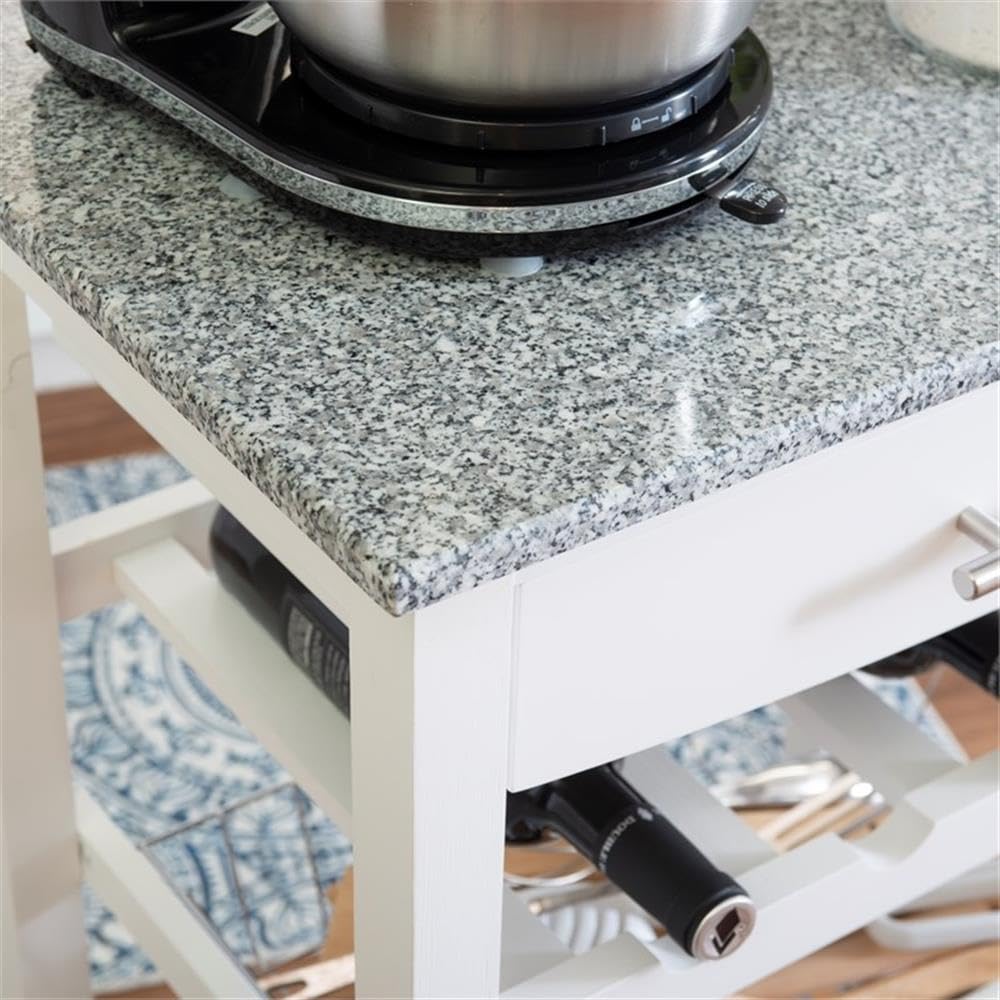 Linon Natalie White Wood Rolling Kitchen Island with Granite Top - Extra Storage for Small Kitchens, Pantry Organizer, Mobile Prep Station for Cooking & Baking