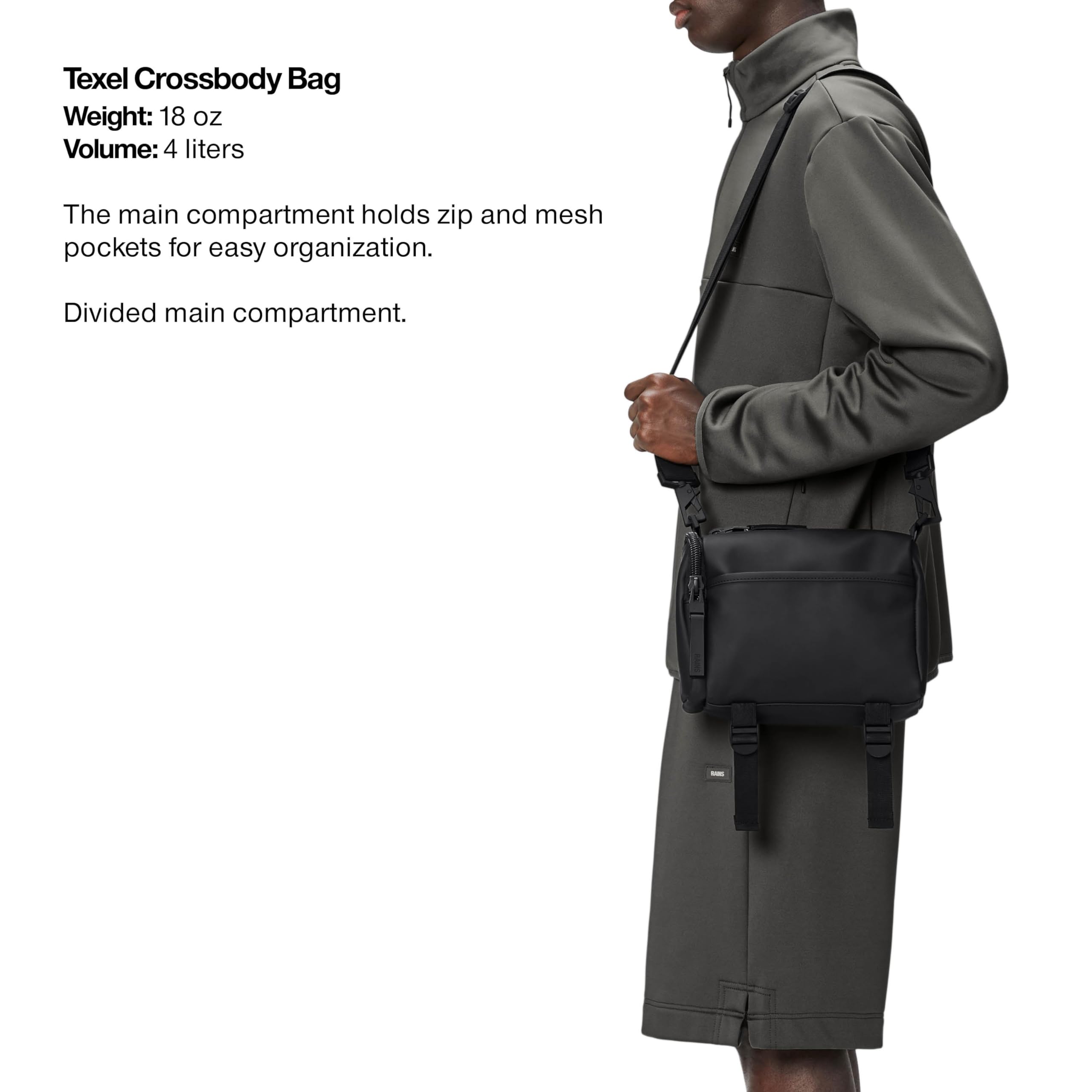 RAINS Black Texel Waterproof Crossbody Bag - Unisex Sling Bag & Fanny Pack for Men & Women | Water-Resistant Everyday Carry for Commuting, Travel & Outdoor Activities