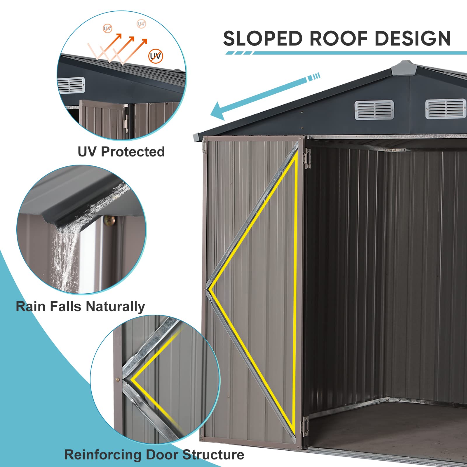 Verano Garden 8'x6' Galvanized Steel Outdoor Storage Shed - Double Lockable Doors for Bike, Lawn & Patio Storage | Weather-Resistant Metal Garden Shed (96.65