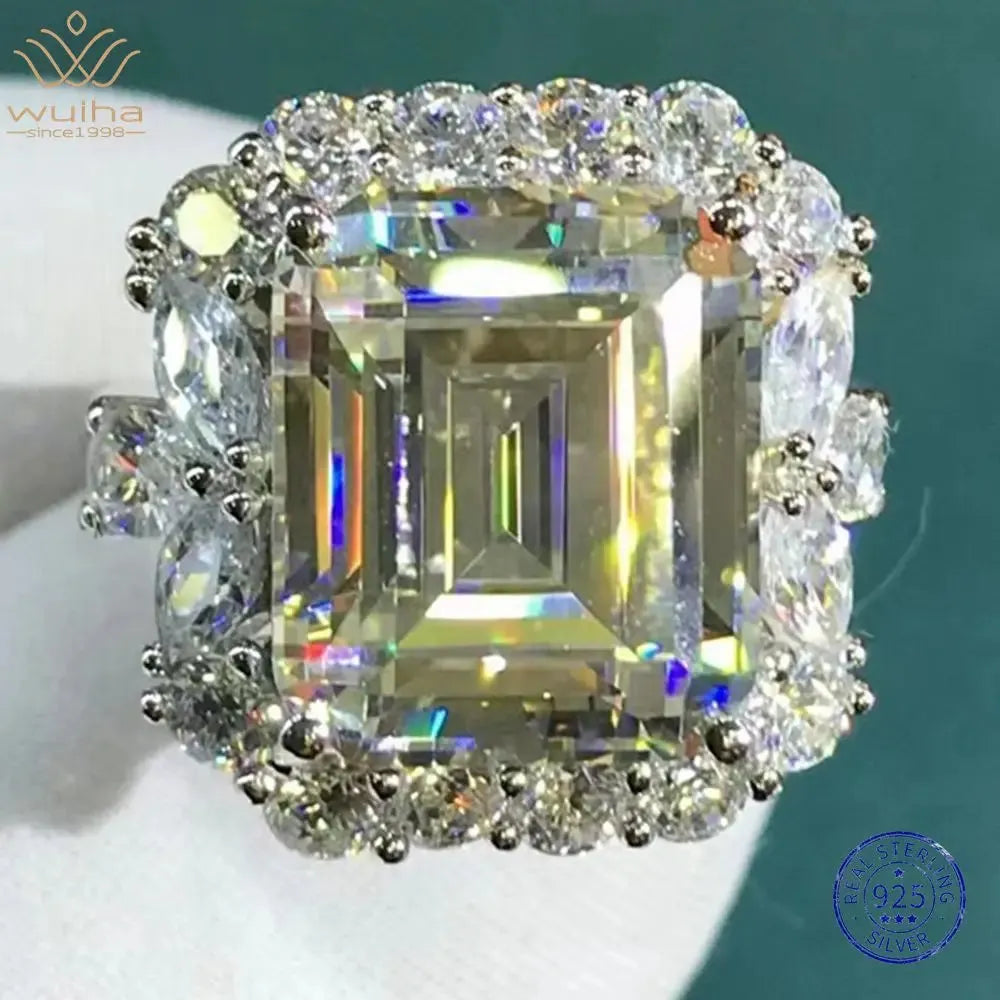 WUIHA Genuine 925 Sterling Silver 3EX Emerald Cut 6CT VVS White Sapphire & Moissanite Engagement Ring for Women - Perfect Anniversary Gift, Wedding Jewelry, Special Occasion Present