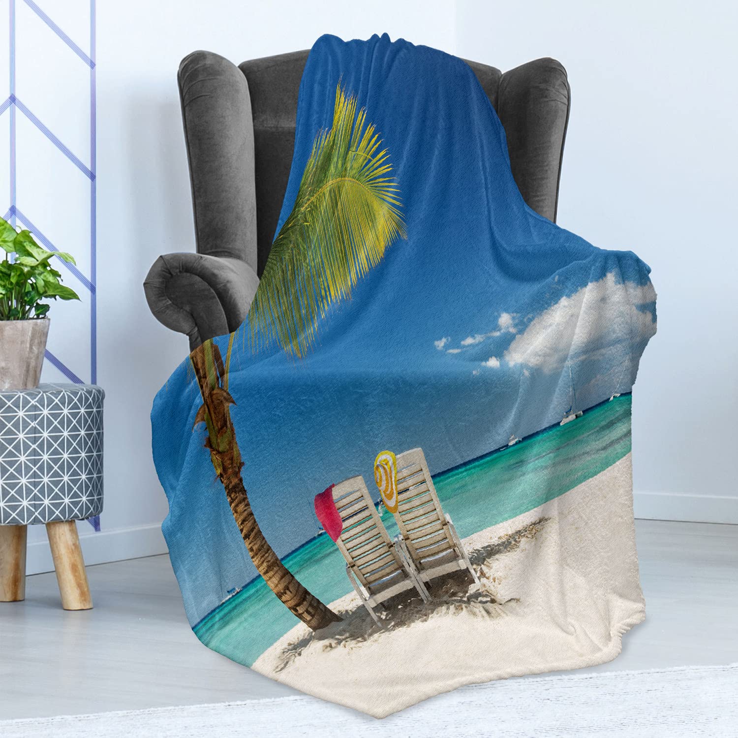Ambesonne Seaside Throw Blanket - Soft Flannel Fleece Blanket with Relaxing Beach & Palm Tree Design, 70