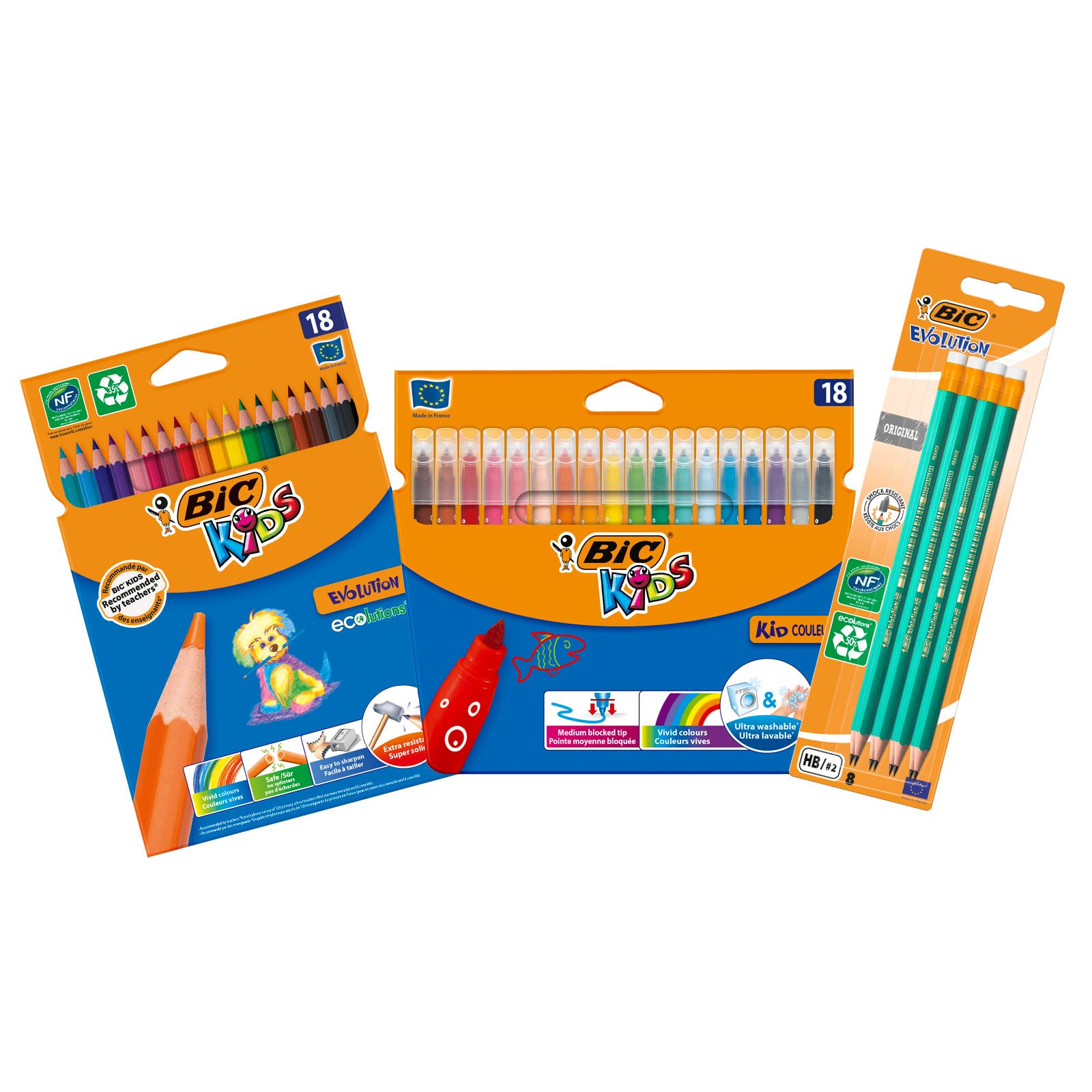 BIC Evolution Original with Eraser Graphite Pencils, BIC Kids Couleur Felt Pens & ECOlutions Colored Pencils Set - Perfect for School, Office & Art Projects - 1 Pack