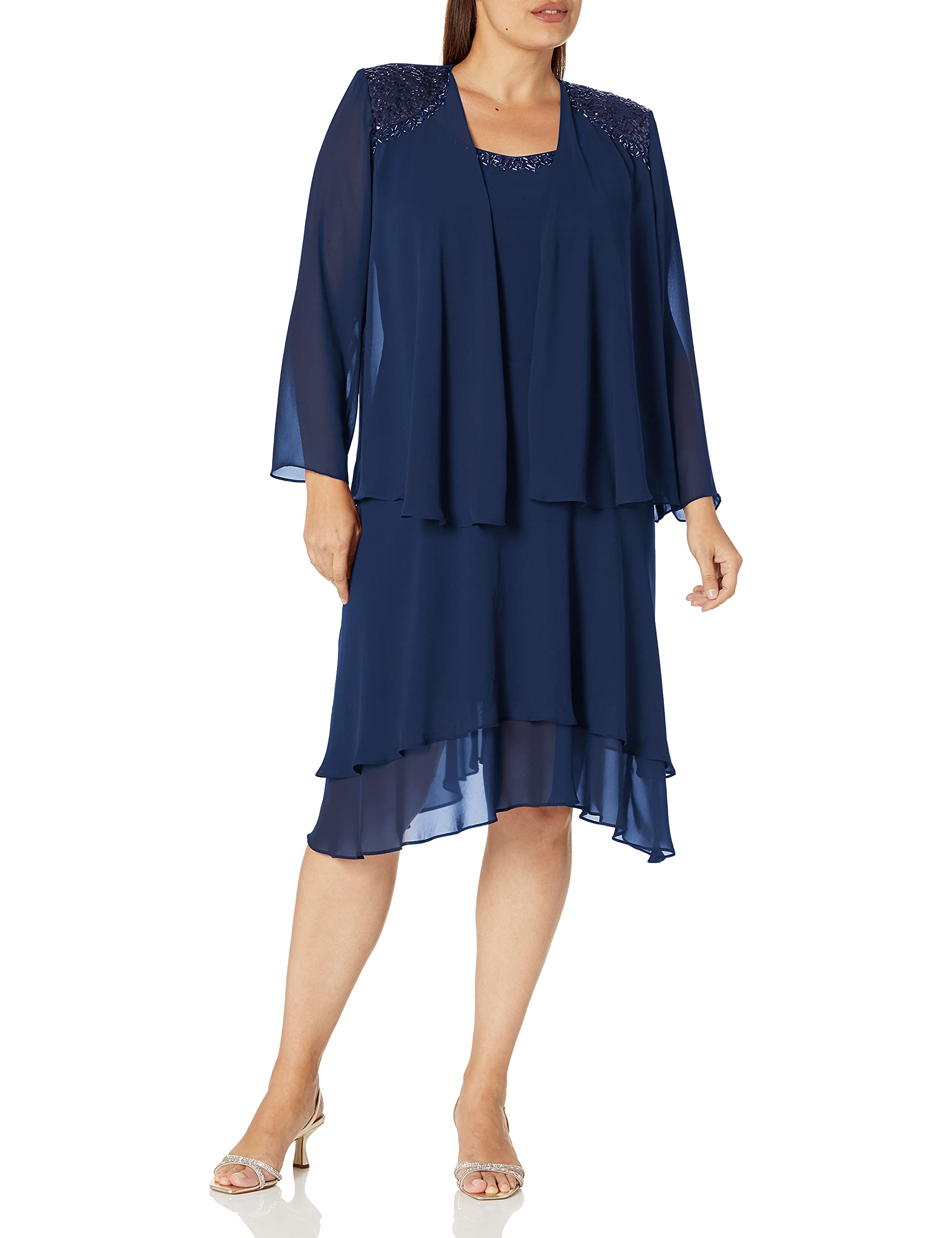 S.L. Fashions Plus Size Women's Embellished Tiered Formal Dress with Jacket - Mother of The Bride Gown & Wedding Guest Dress for Special Occasions, Evening Events & Celebrations