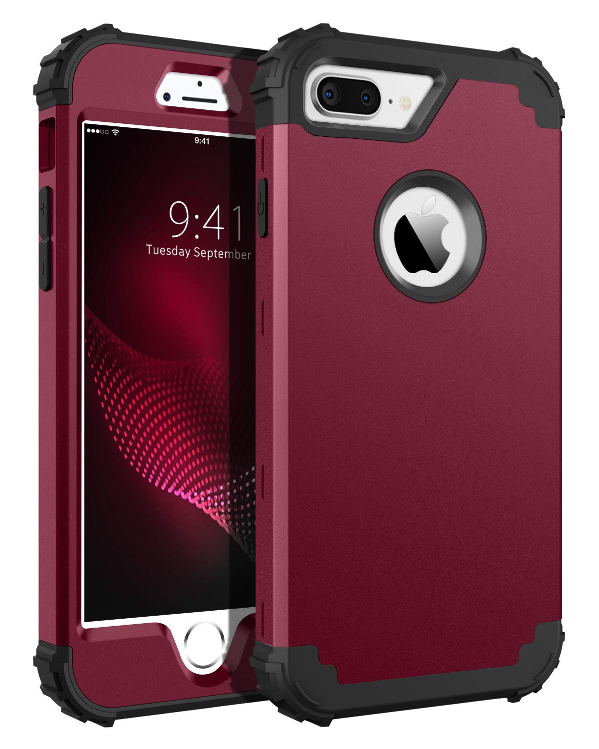 BENTOBEN Heavy Duty Rugged Case for iPhone 8 Plus/iPhone 7 Plus - 3 Layer Hybrid Protection with Hard PC & Soft Rubber, Shockproof Anti-Slip Full Body Cover (Wine Red) - Perfect for Outdoor Activities, Construction Work & Extreme Sports Protection