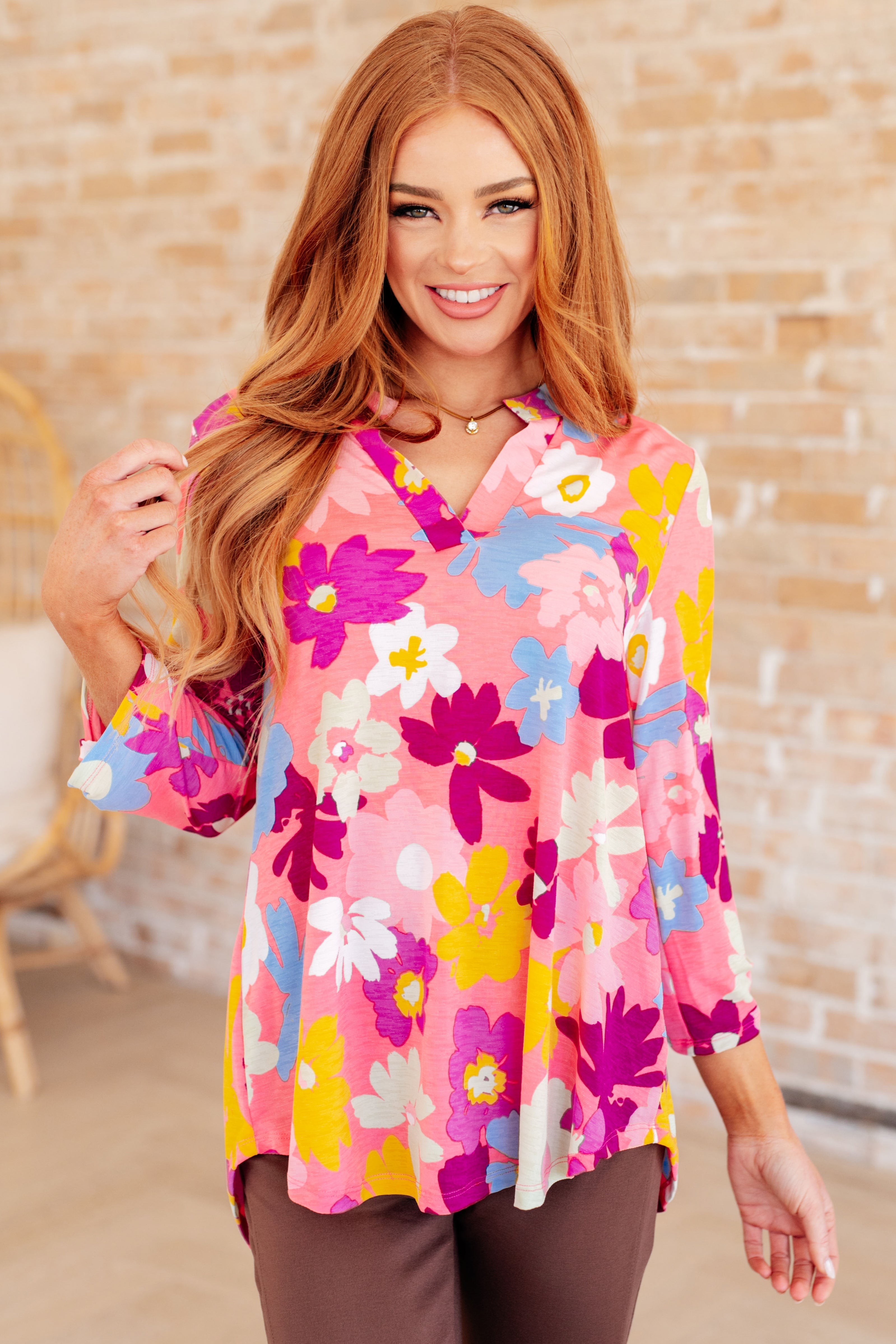 Lizzy Women's Floral Print Blouse in Coral & Magenta - Elegant Summer Tops for Office, Date Night & Casual Outings