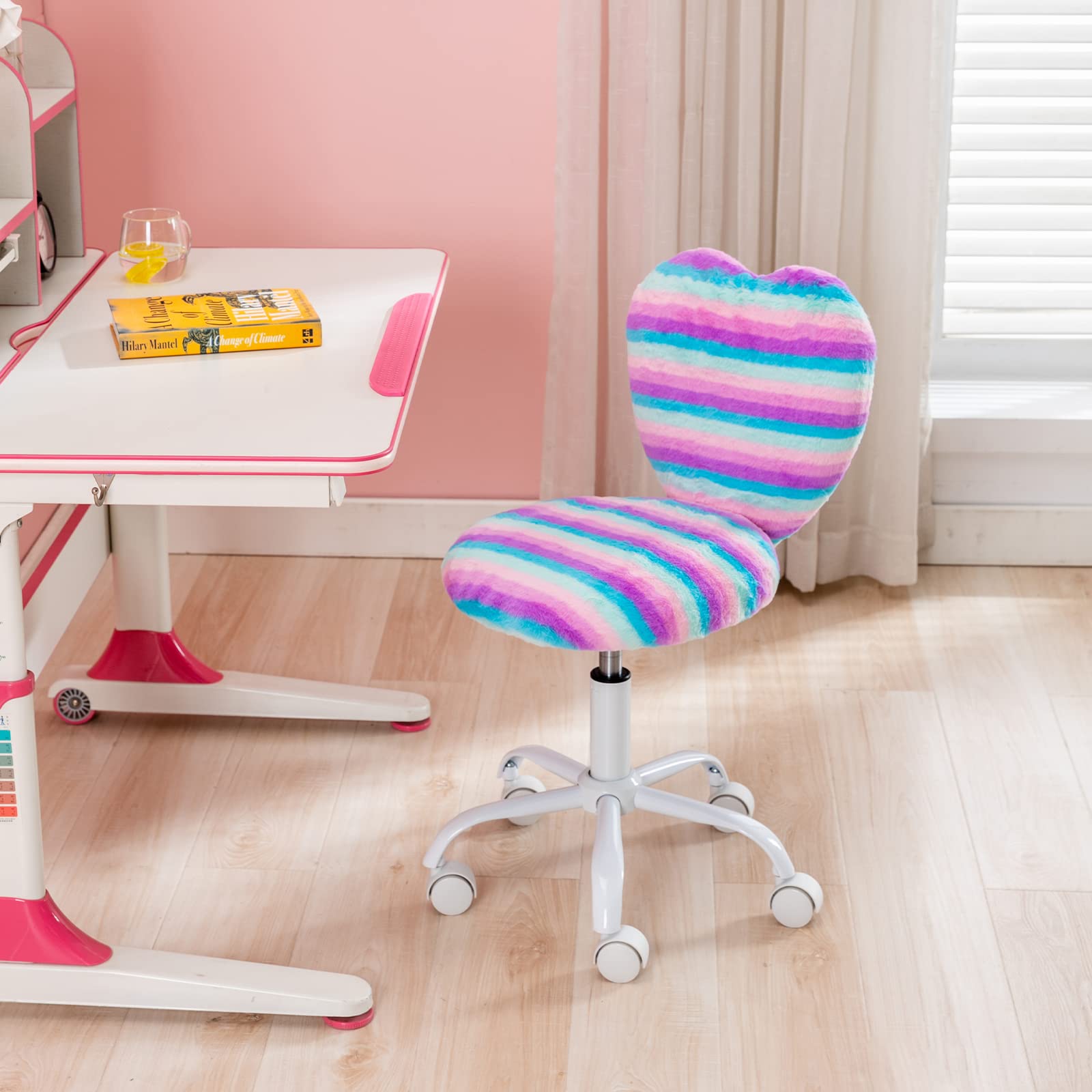 Colorful Furry Kids Desk Chair for Girls - Soft Swivel Rolling Study Chair with Rainbow Design, Perfect for Bedroom, Computer Use, Reading & Homework