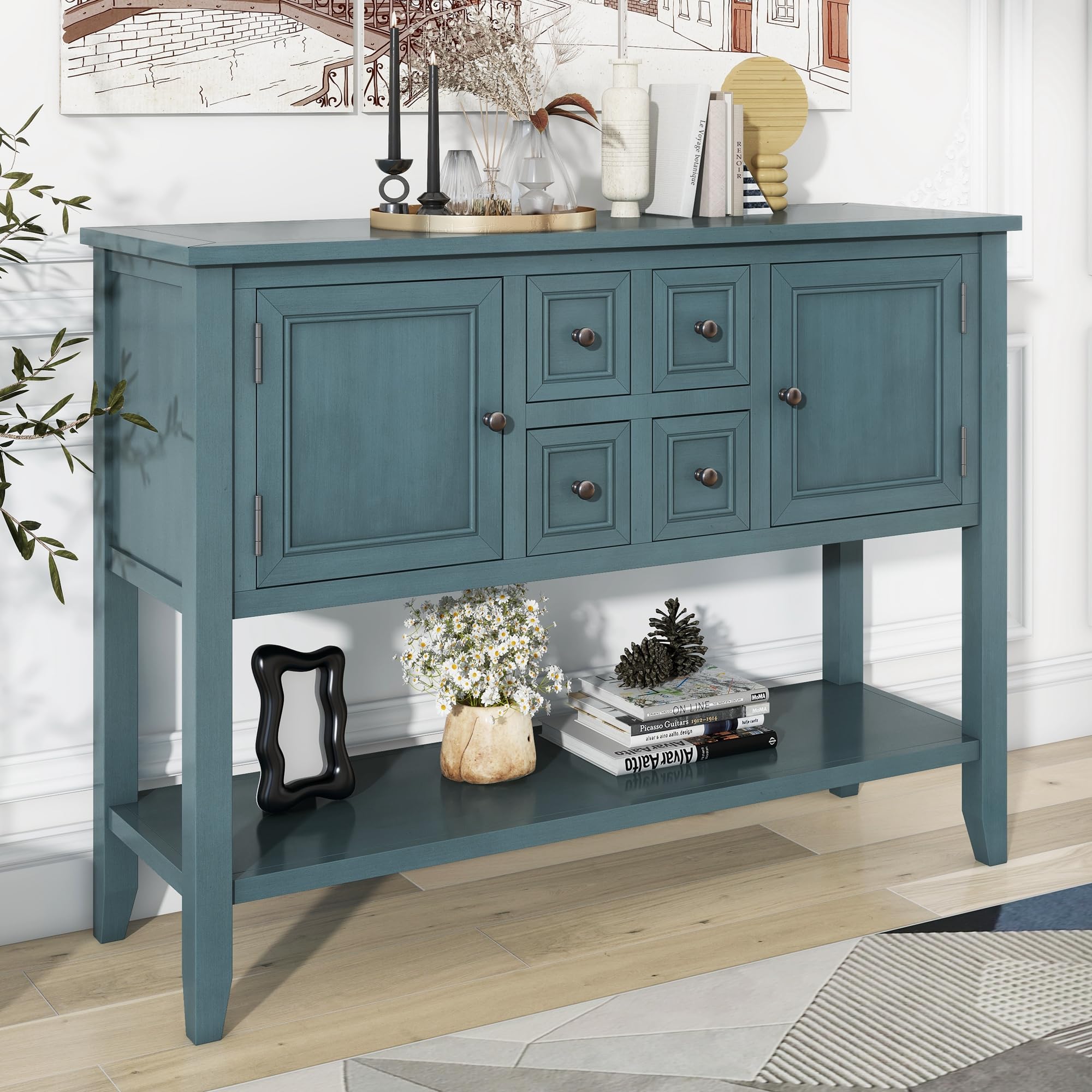 Retro Style Dark Blue Wood Console Table with Bottom Shelf & Storage Drawers - Buffet Sideboard for Living Room, Kitchen, or Entryway - Perfect for Home Decor & Extra Storage Space