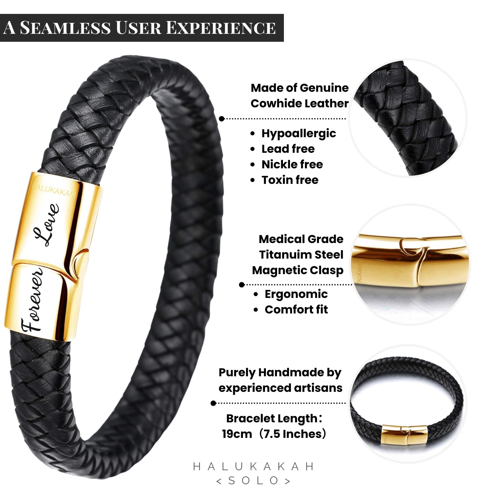 **Halukakah Kids Leather Bracelet for Boys - Classic Brown/Black, Magnetic Titanium Closure in Gold/Silver/Black, Adjustable 7