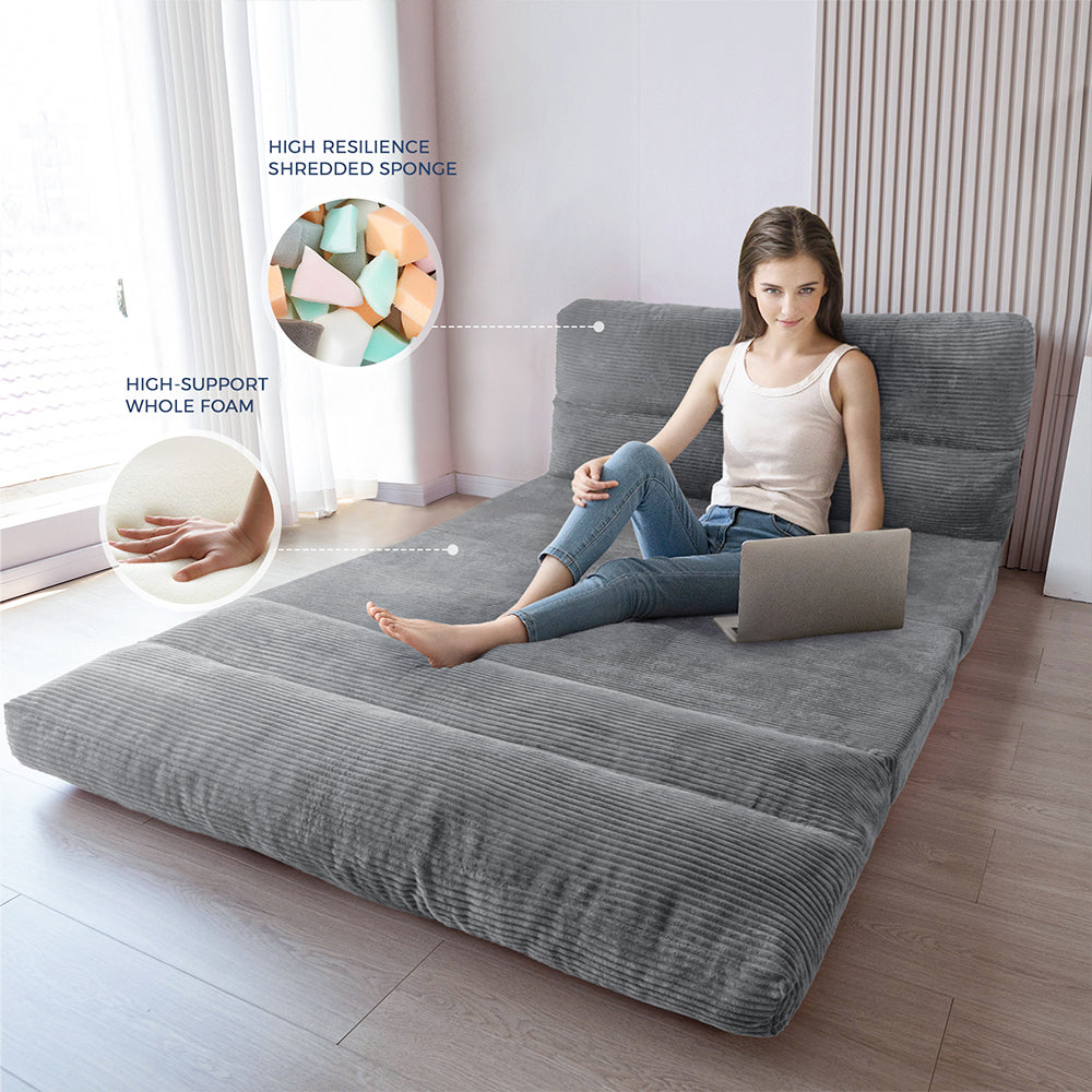 MAXYOYO Corduroy Bean Bag Folding Sofa Bed - Extra Wide Convertible Floor Mattress for Living Room, Bedroom & Guest Room (Grey)
