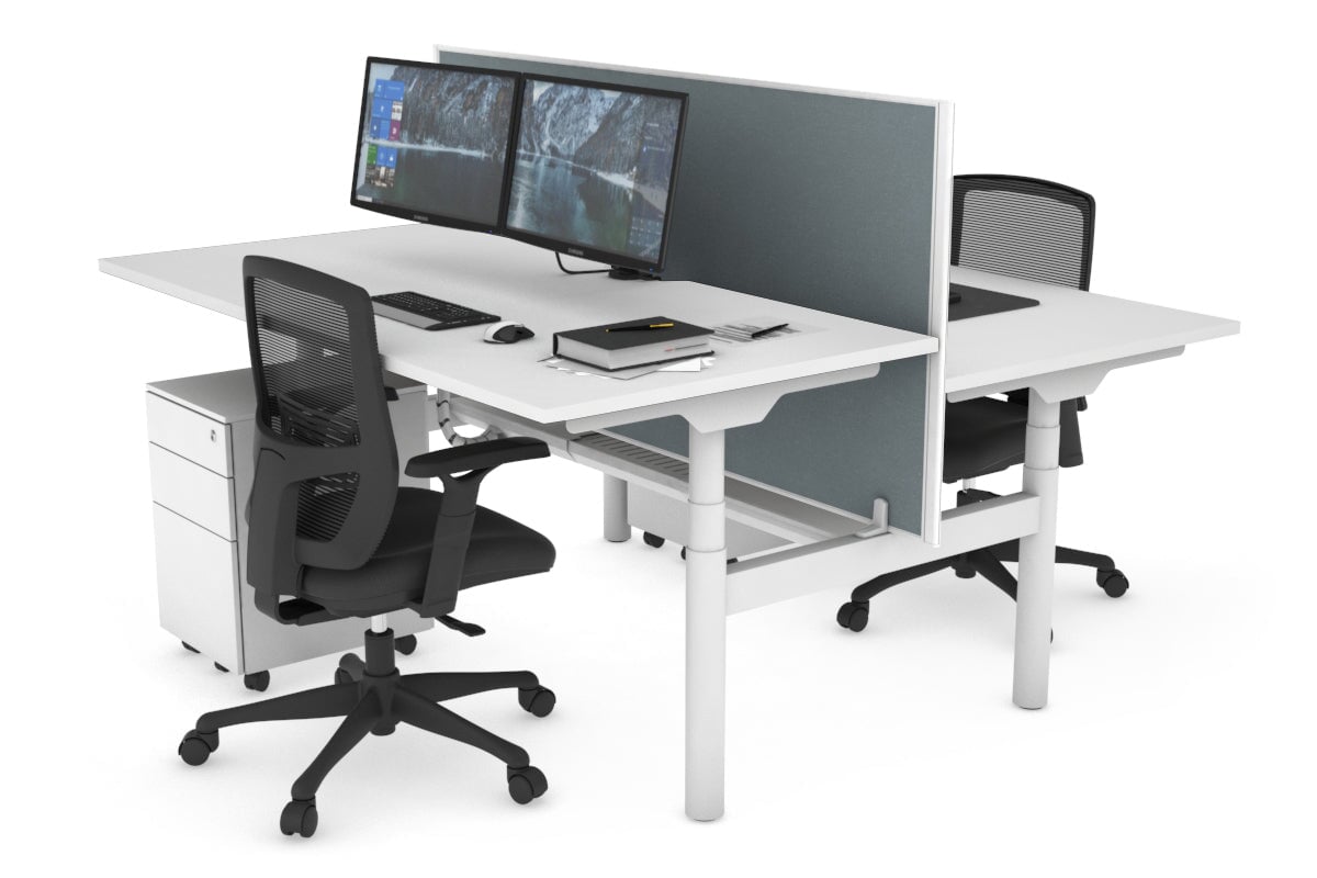 Flexi Premium Height Adjustable 2-Person H Bench Workstation - White Frame [1200L x 800W with Cable Management] - Ideal for Office, Home Workspace & Collaborative Environments