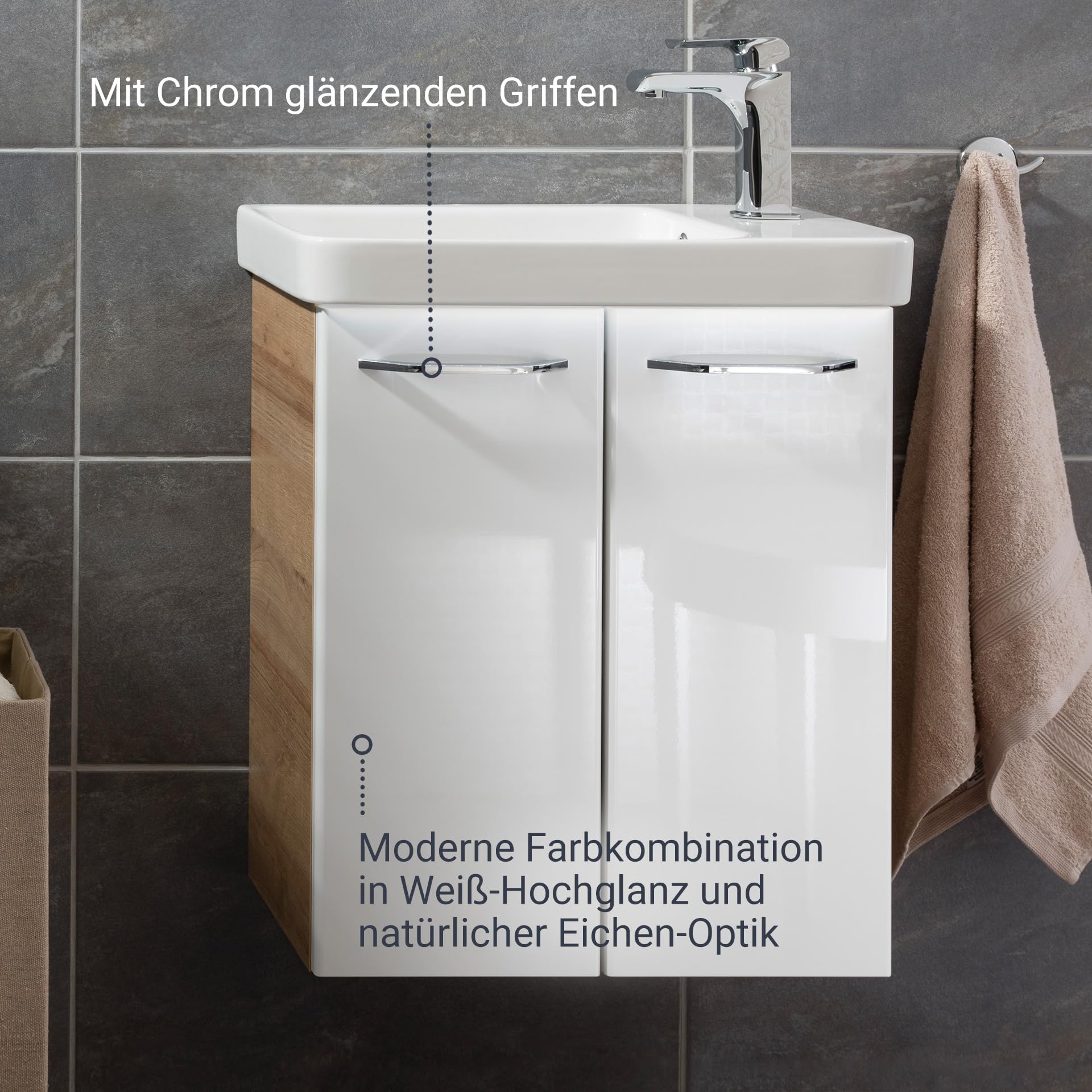 Milano Mini Vanity Unit with Soft-Close Doors - Light Brown Bathroom Cabinet with White Front - 20.5