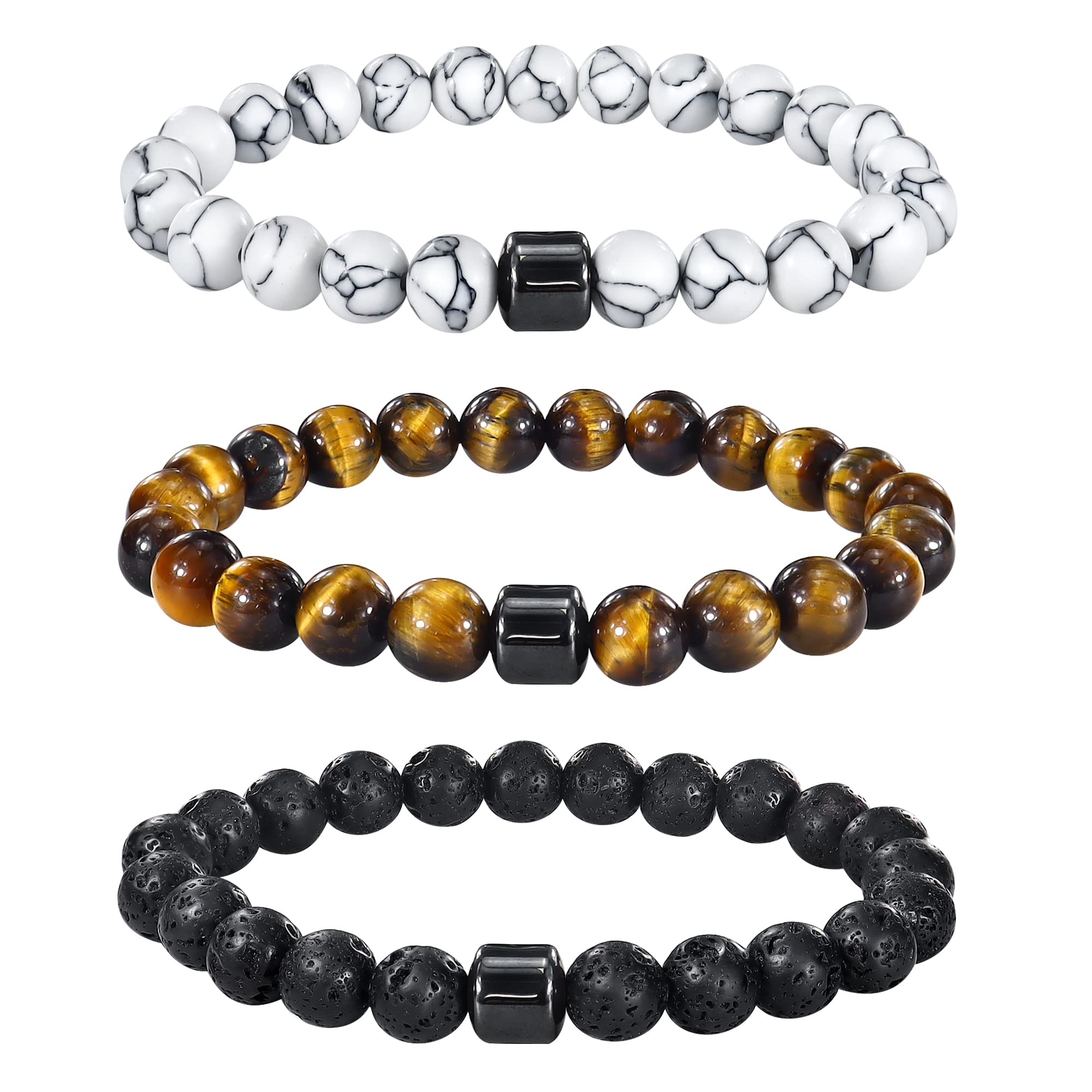 Albefer 3Pcs Natural Tiger Eye Stone Beaded Bracelet for Men & Women - Adjustable Healing Crystal Jewelry for Protection, Wealth & Positive Energy - Perfect Birthday Gift, Meditation & Spiritual Wellness Accessory