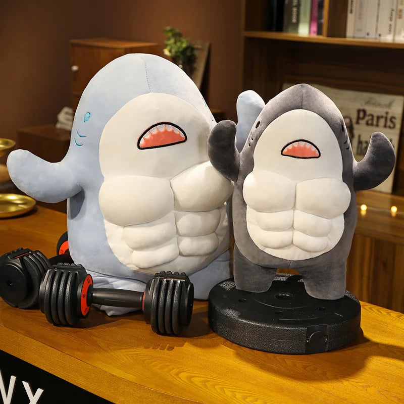 40cm Cute Workout Shark Plush Toy - Soft Stuffed Animal Pillow, Mr. Muscle Shark Doll for Kids & Girls - Perfect Gift for Bedtime, Nursery Decor, and Stress Relief