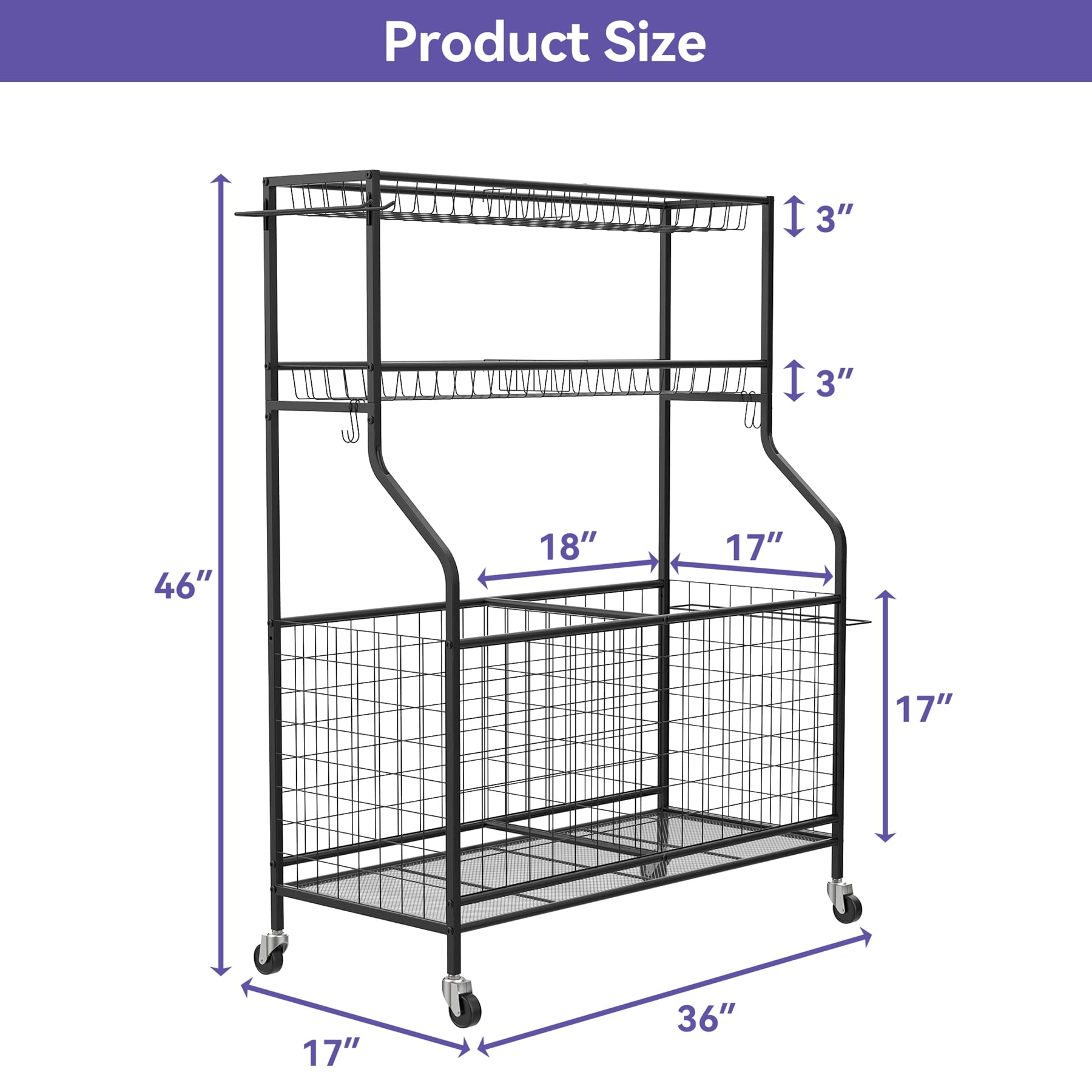 Garage Ball & Sports Equipment Organizer - Heavy Duty Rolling Ball Cart with Storage Baskets for Indoor/Outdoor Use - Perfect for Kids' Toys, Basketballs, Soccer Balls & Playroom Organization
