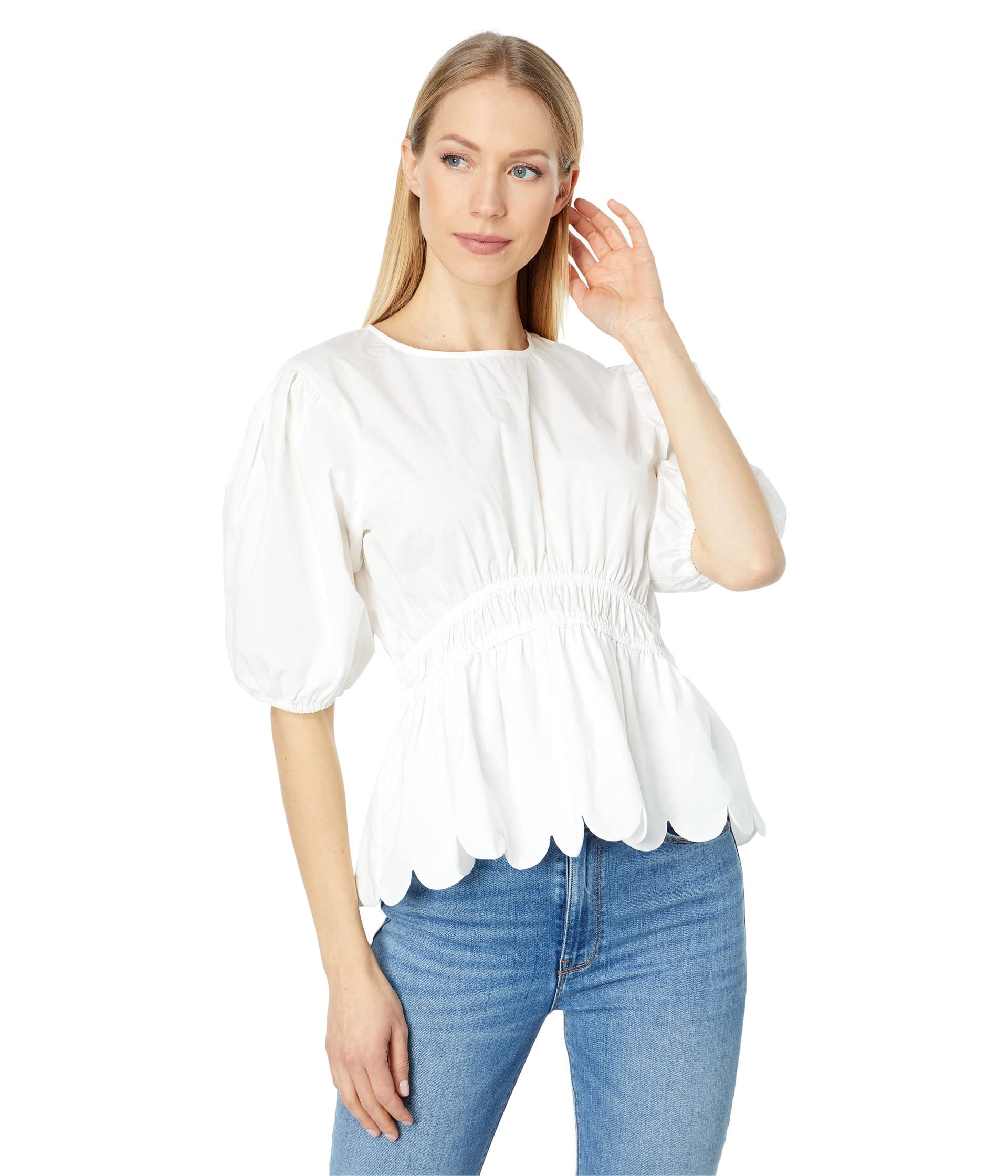 English Factory Scallop Edge Blouse - Women's Elegant Lace Trim Tunic Top for Casual Wear & Office Outfits