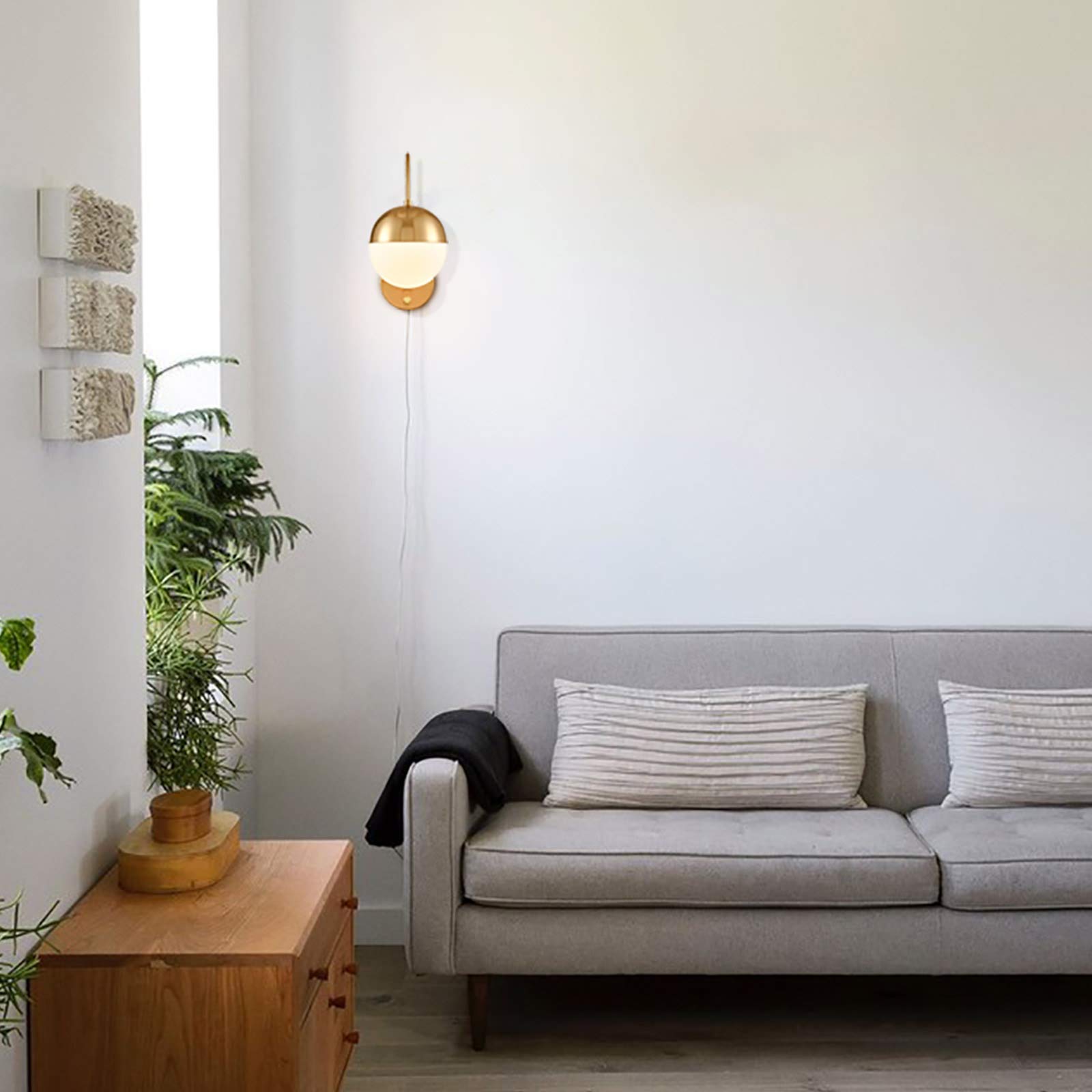 Vintage Mid Century Modern Wall Sconce - Gold Brass Plug-in Wall Lamp with Opal White Glass Globe, Adjustable Switch - Perfect for Bedroom, Living Room & Hallway Lighting