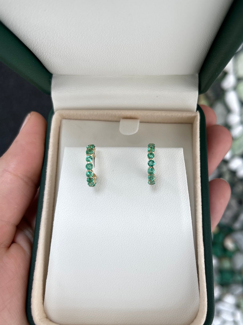 1.50tcw 14K Gold Medium Green Round Cut Emerald Prong Set Half Hoop Huggie Earrings for Women - Elegant Everyday Jewelry Gift for Her, Perfect for Parties, Weddings & Special Occasions