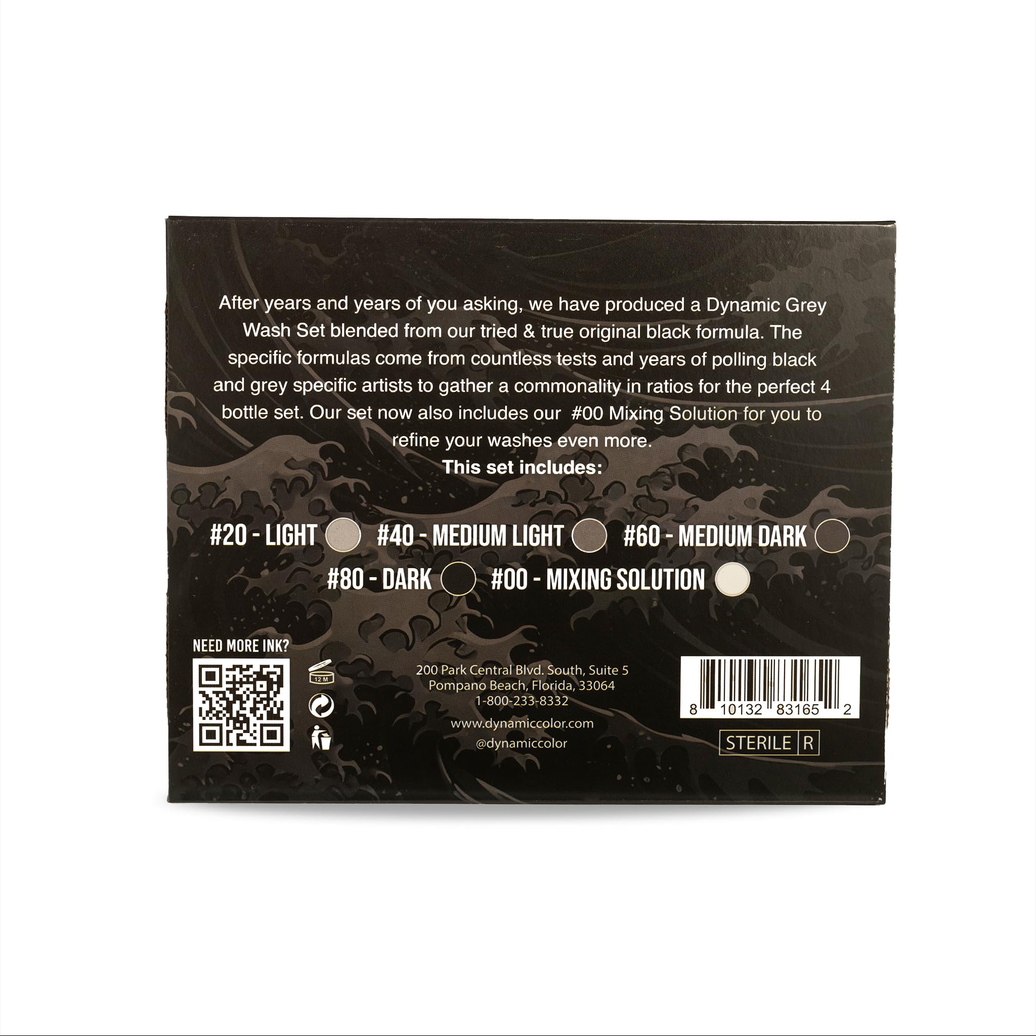 Premade Tattoo Greywash Set - 4 Dynamic Shades with Mixing Solution | 5 Bottle Professional Tattoo Ink Kit | Made in USA | Sterile & Vegan | Hospital Grade Water (4oz Each) | Perfect for Realism, Shading & Portrait Tattoos