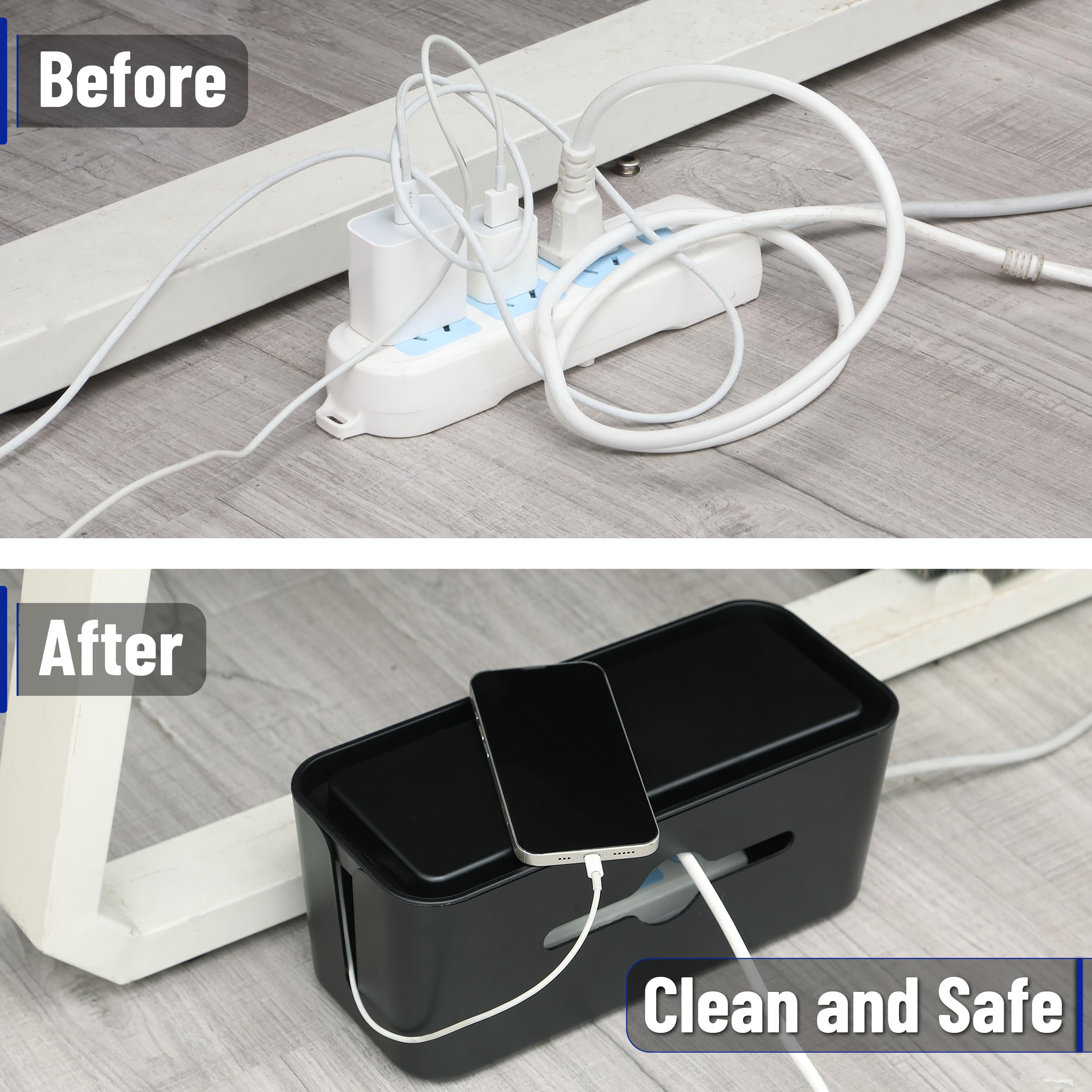 Bates Medium Cable Management Box - Cord Organizer & Power Strip Cover for Home Office, Baby Proof Wire Hider - Perfect for Floor Wires, TV Stands & Desk Cable Organization