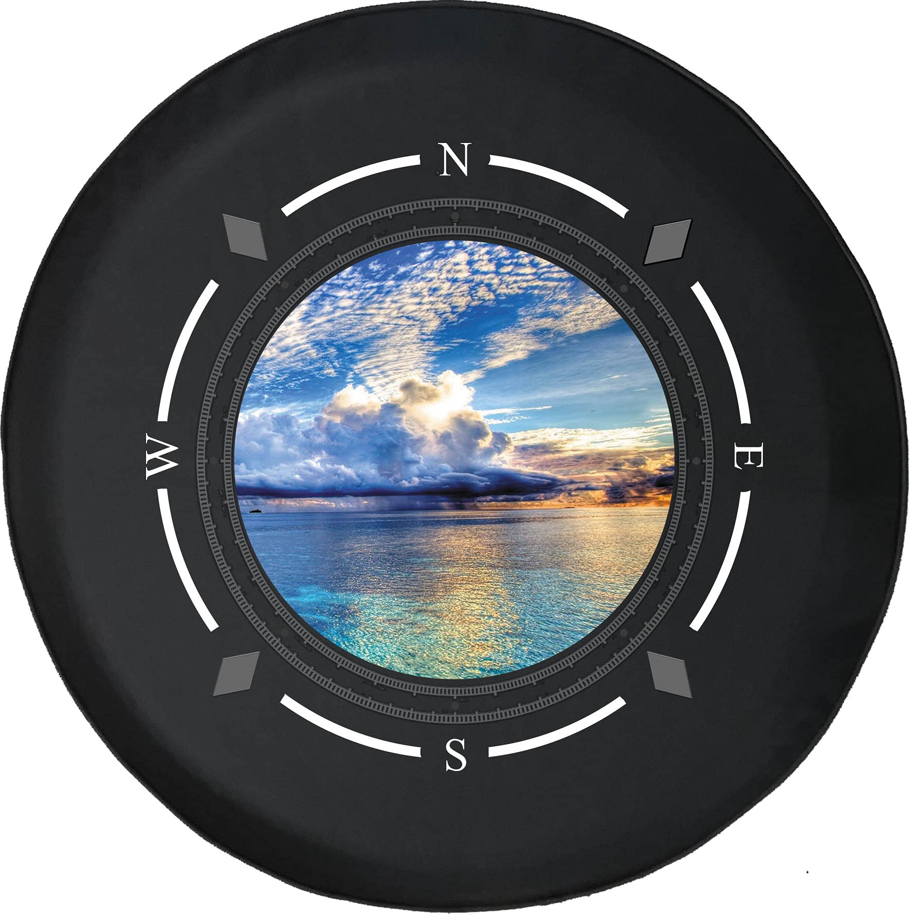 American Unlimited Spare Tire Cover with Compass Design - Orange Cloud & Storm Pattern Wheel Cover Fits SUV, Trailer, RV & Most Vehicles - Perfect for Off-Road Adventures & Camping Trips