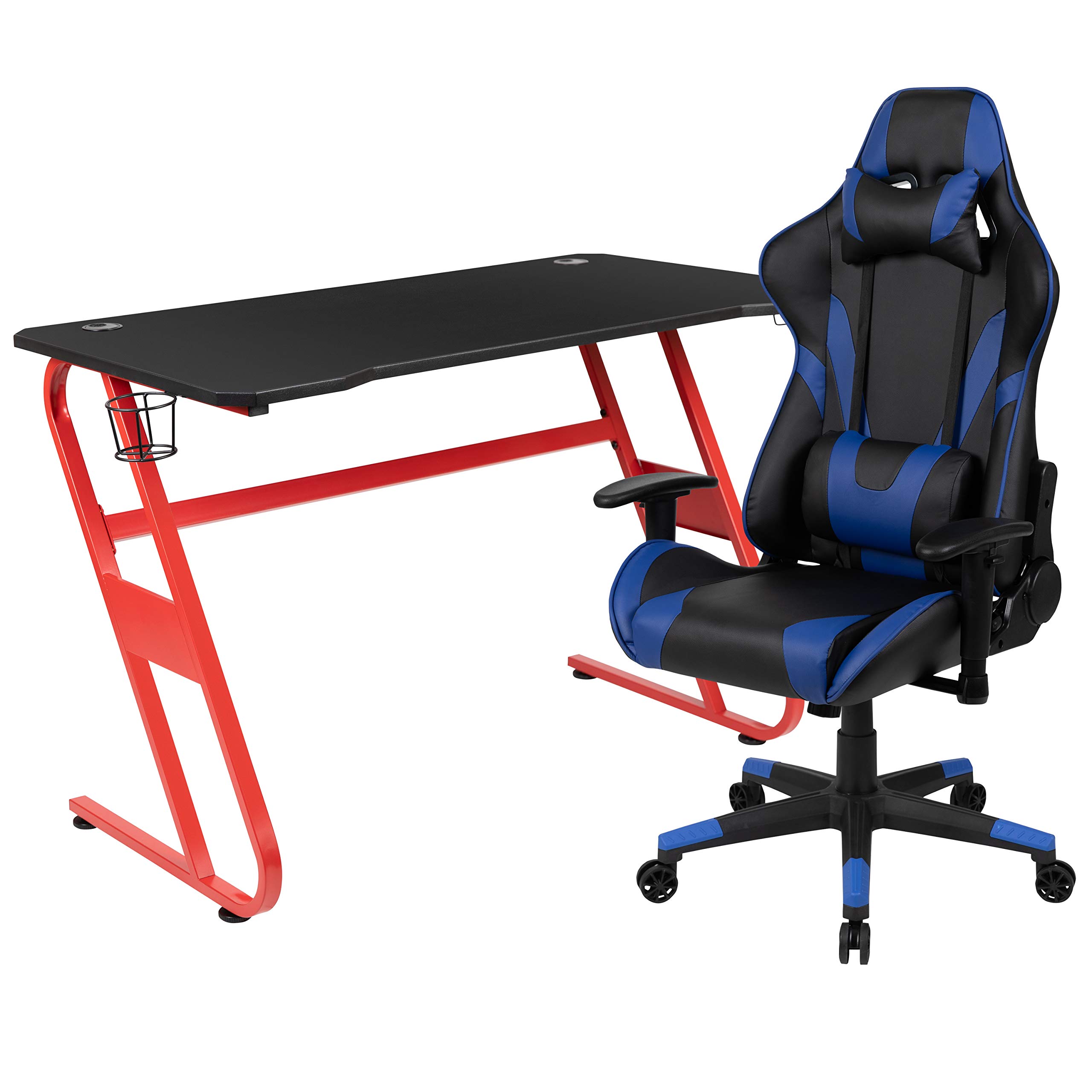 EMMA + OLIVER Gaming Bundle - Ergonomic Desk with Cup Holder, Headphone Hook & Blue Reclining Chair for Ultimate Gaming Setup | Perfect for PC Gamers & Streaming Enthusiasts