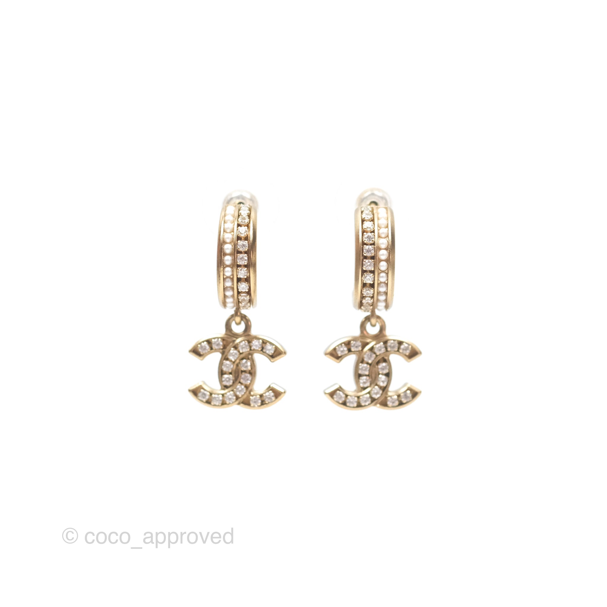 Chanel CC Crystal Pearl Hoop Earrings Gold Tone 21C - Luxury Fashion Jewelry for Women, Elegant Pearl & Crystal Design - Perfect for Parties, Weddings & Special Occasions