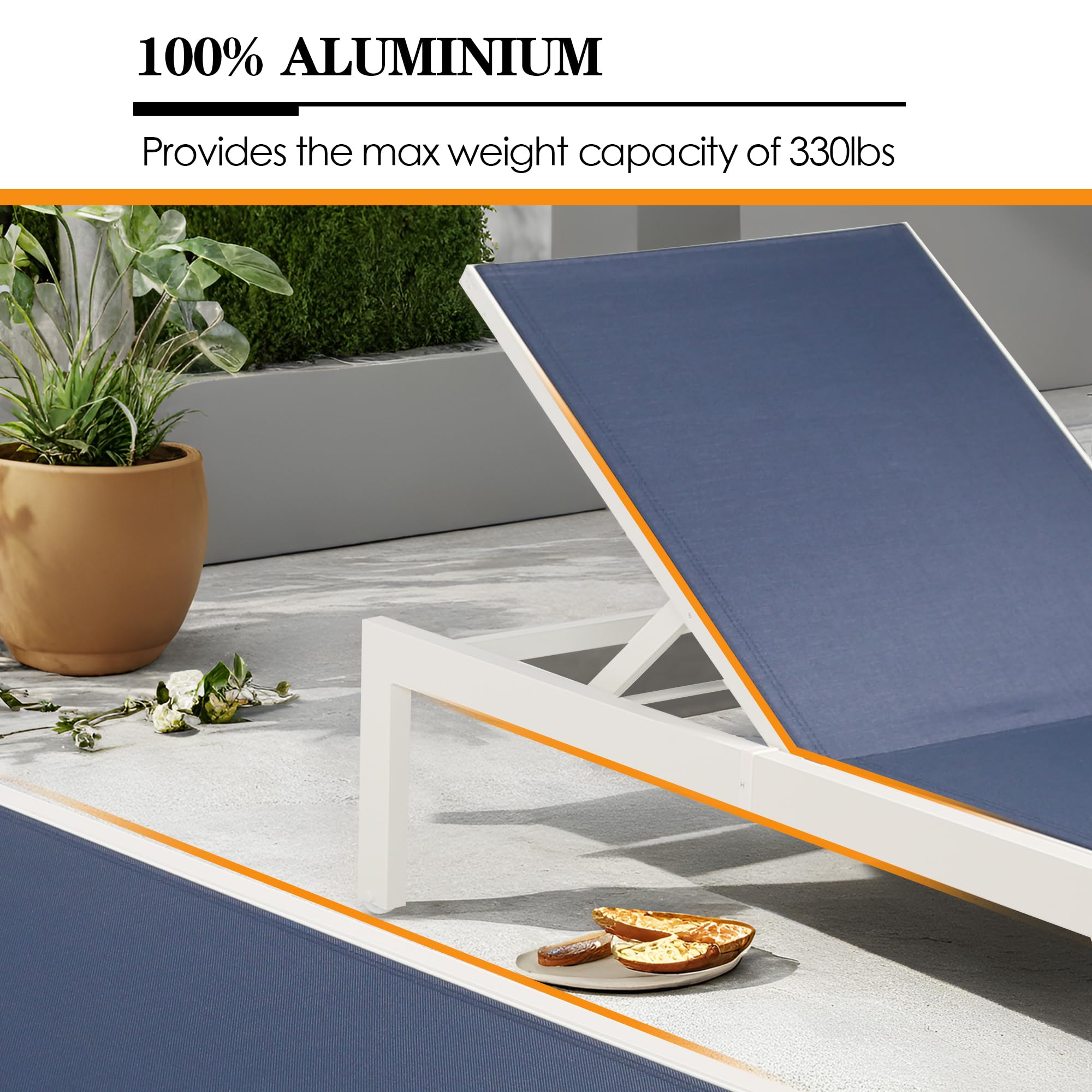 Ulax Outdoor Chaise Lounge Chair Set of 2 - Aluminum Patio Lounge with Wheels, Reclining Poolside & Beach Furniture for Balcony, Yard, Garden - Navy Blue (Perfect for Relaxing by the Pool, Beach Lounging & Outdoor Sunbathing)