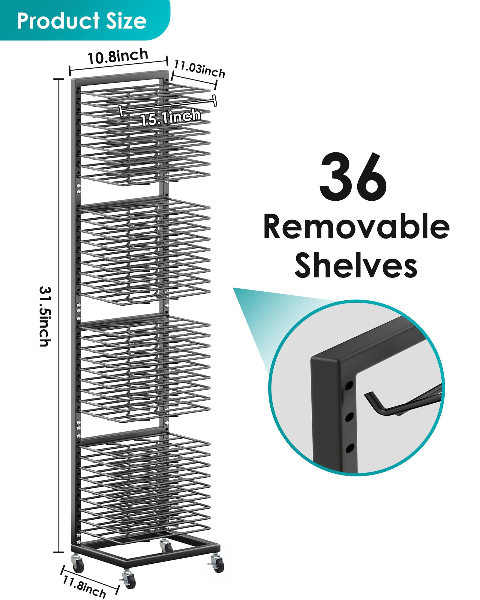 36-Shelf Metal Art Drying Rack with Lockable Wheels | Heavy-Duty Paint Storage Organizer for Art Studios, Classrooms & Schools | Perfect for Drying Paintings, Ceramics & Student Art Projects