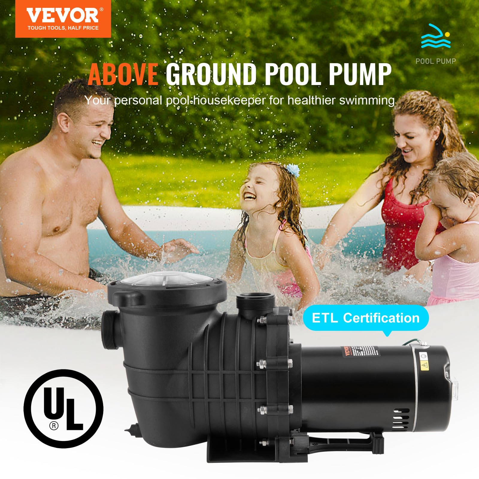 VEVOR 1HP Above Ground Pool Pump, 80 GPM Max Flow Single Speed Swimming Pool Pump 110V/240V 3450RPM, 34.4ft Max Head with Filter Basket - Ideal for Inground Pools, Hot Tubs, Spas, Backyard Water Features and Pool Maintenance
