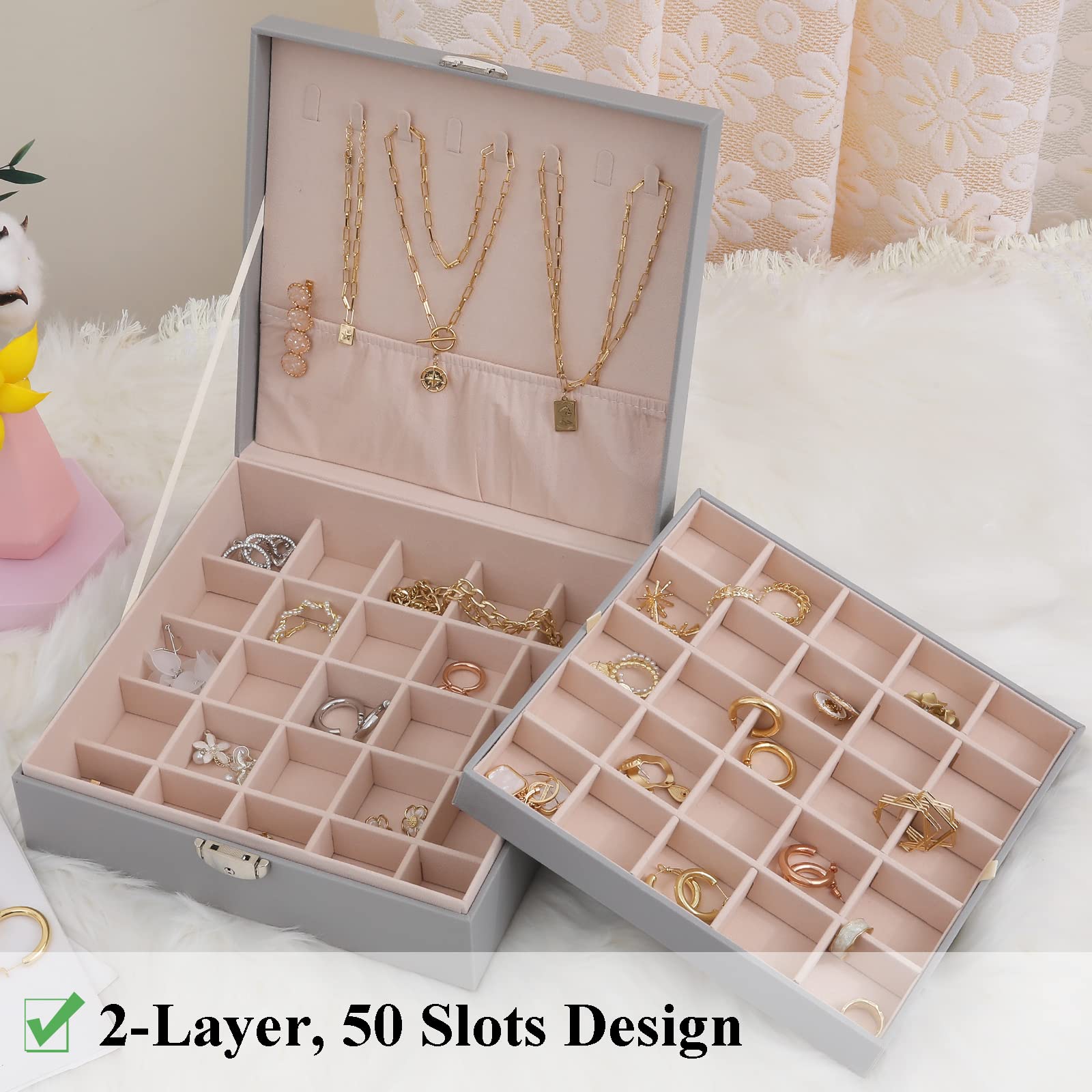 Misaya 50-Slot Jewelry Organizer Box for Women - Earring Holder for Rings & Necklaces - Perfect Gift for Mom (Grey) - Ideal for Travel, Home Storage & Jewelry Display