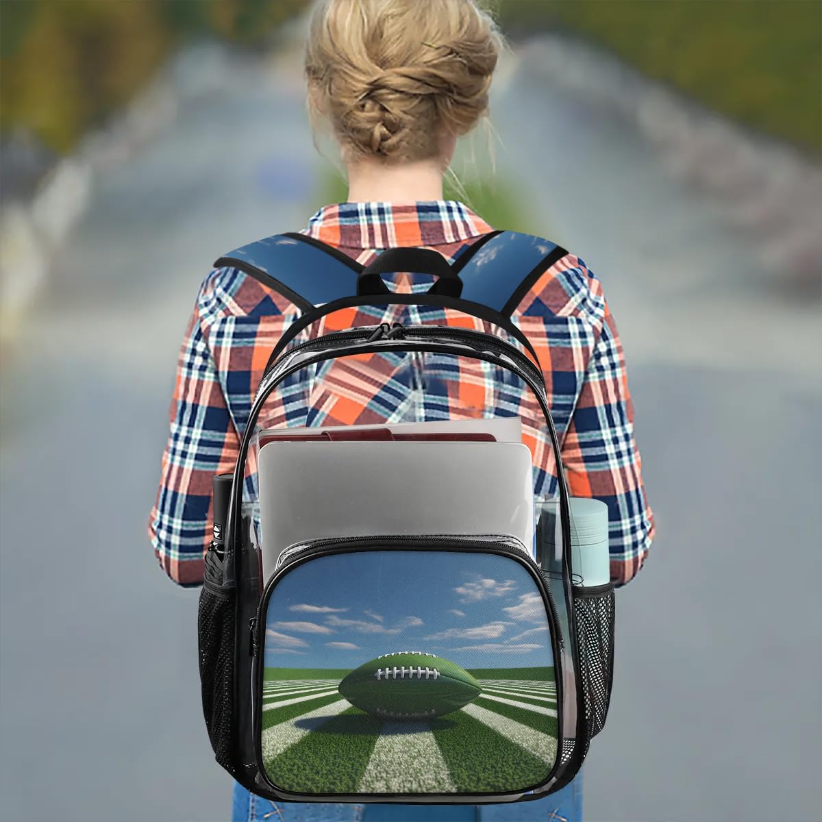 QIANDODUO Clear Transparent Football Backpack - Heavy Duty PVC Stadium Approved See Through Backpack for Men & Women - Perfect for Sports Games, Concerts, Travel & Security Checkpoints - Large Capacity Rugby Field Arena Backpack