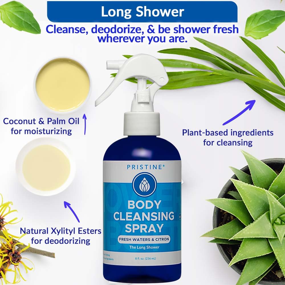 PRISTINE No Rinse Body Wash Spray for Women & Men - Natural Portable Shower Alternative, Travel & Camping Essential, Post-Workout Refresh (2 Pack)