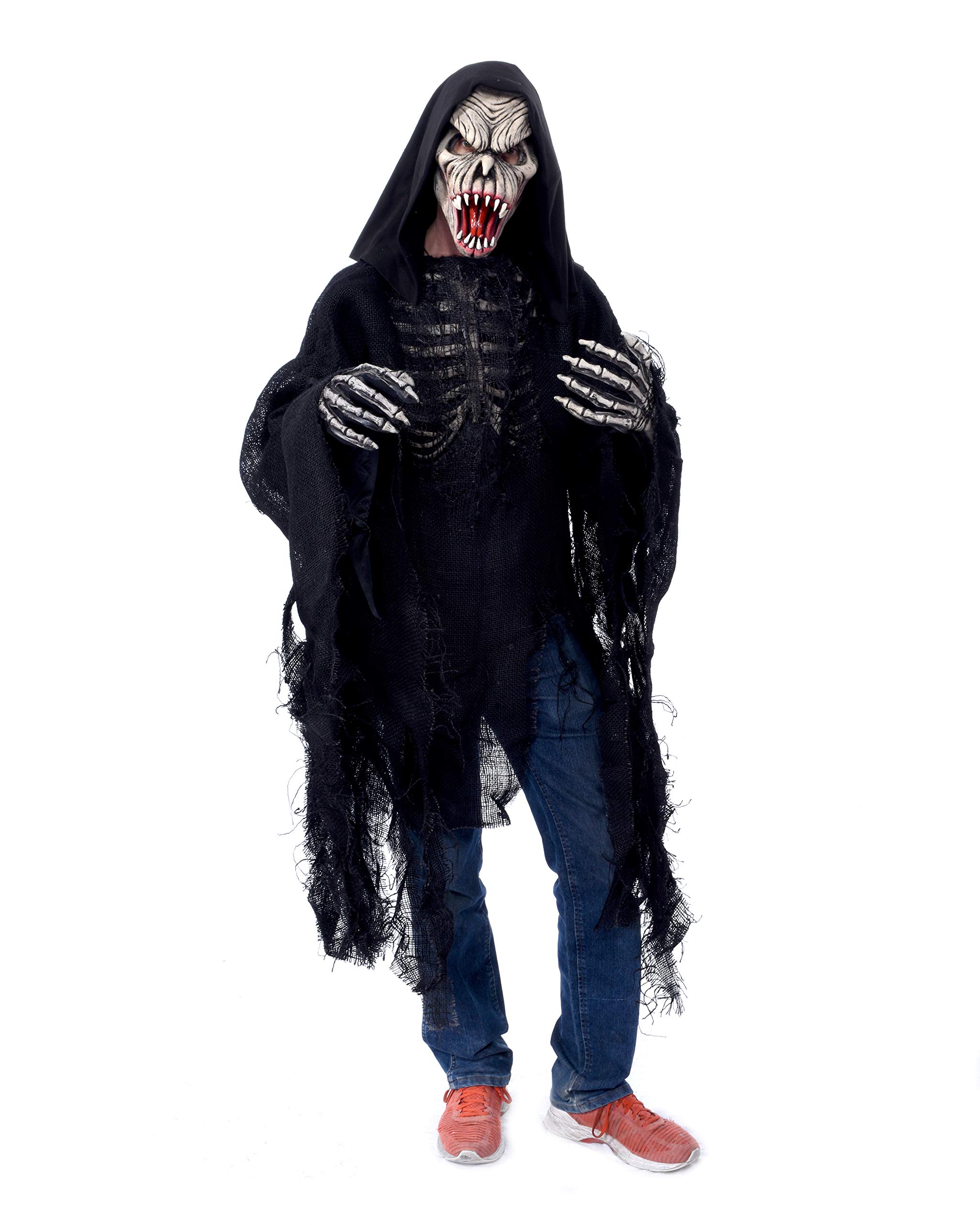 Zagone Studios UV Reactive White Glow Fang Face Kit with Mask, Skeleton Rotting Shroud & Hands - Halloween Costume Accessories for Cosplay, Horror Parties & Theatrical Performances