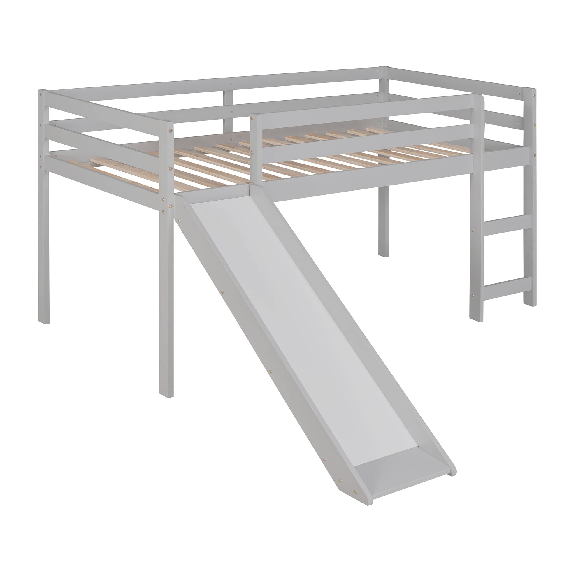 JULYFOX Twin Loft Bed with Slide for Kids - Solid Pine Wood Bunk Bed Frame with Ladder, Headboard & Guard Rails - No Box Spring Needed - Ideal for Small Spaces, Teens & Junior Kids (Gray) - Perfect for Bedrooms, Playrooms & Dorm Rooms