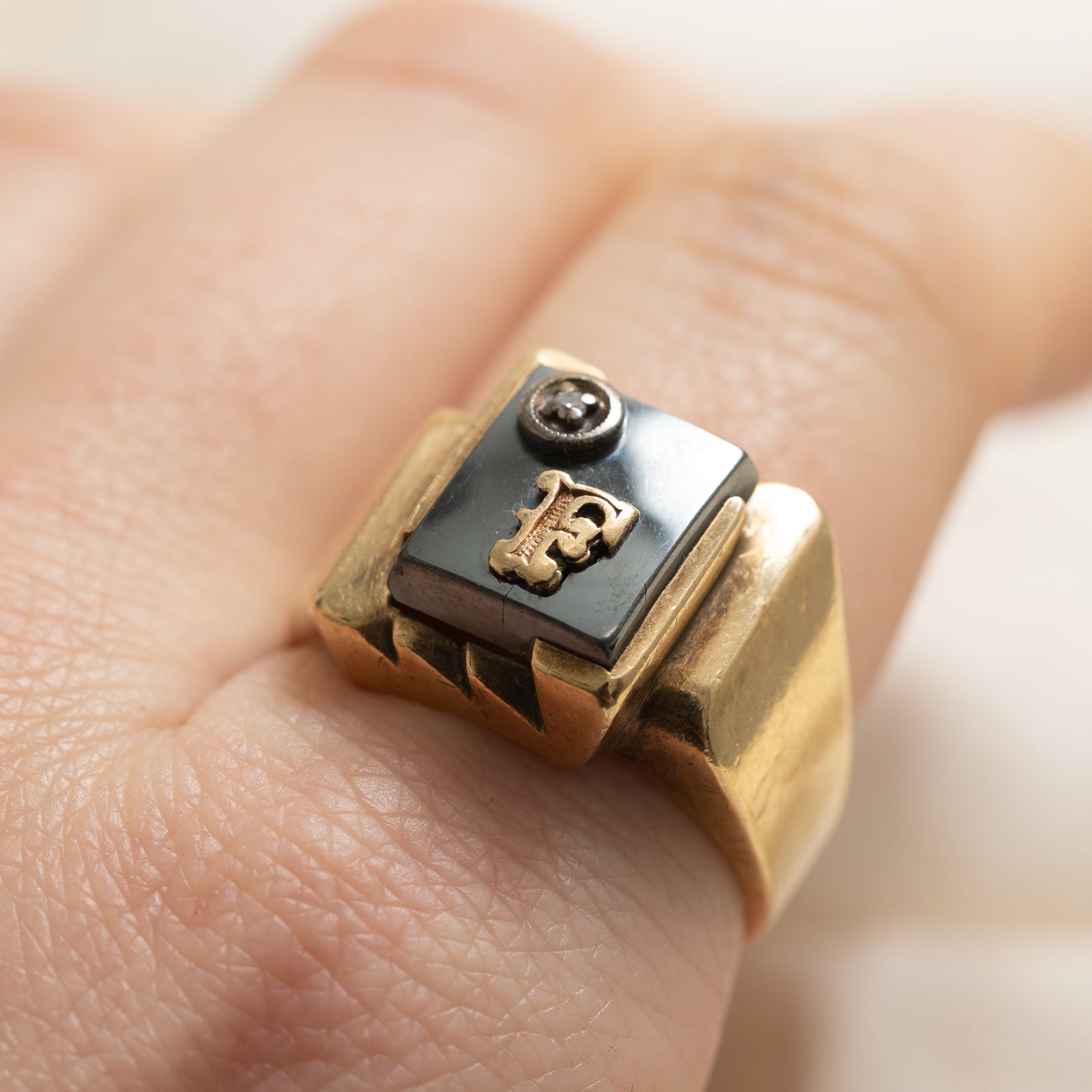 Hematite & Diamond 'F' Initial Signet Ring - 8.00ct Hematite, 0.01ct Diamond - Size 8.75 - Elegant Personalized Jewelry for Women - Perfect for Gifts, Engagements & Special Occasions