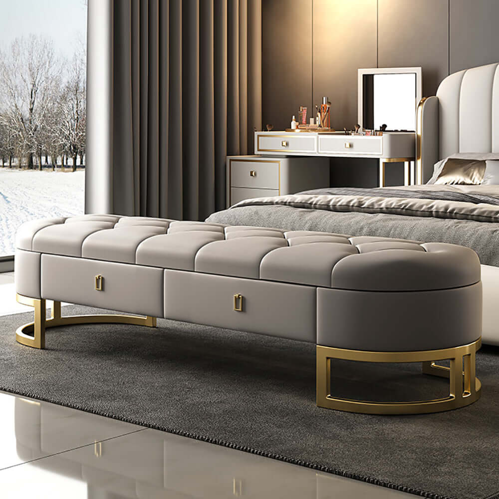 Modern Beige Tufted Leather Storage Bench with 2 Drawers - Bedroom Seating & Organization Solution for Small Spaces, Entryway or Foot of Bed