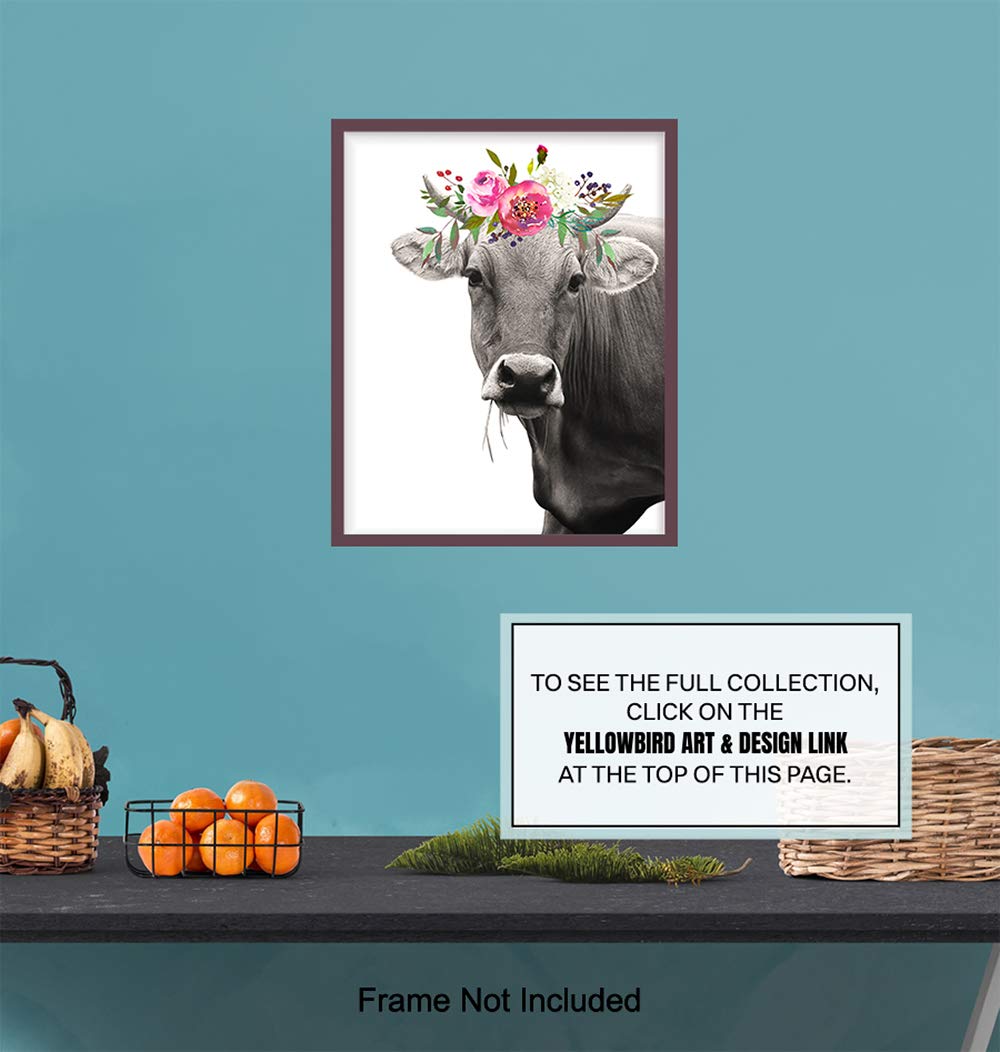 Farmhouse Cow Wall Art with Flowers - Rustic Home Decor for Bathroom, Bedroom, Kitchen, Dining & Living Room - Unframed Picture Poster - Perfect Gift for Women & Farmhouse Lovers - Ideal for Country Style Home Decor