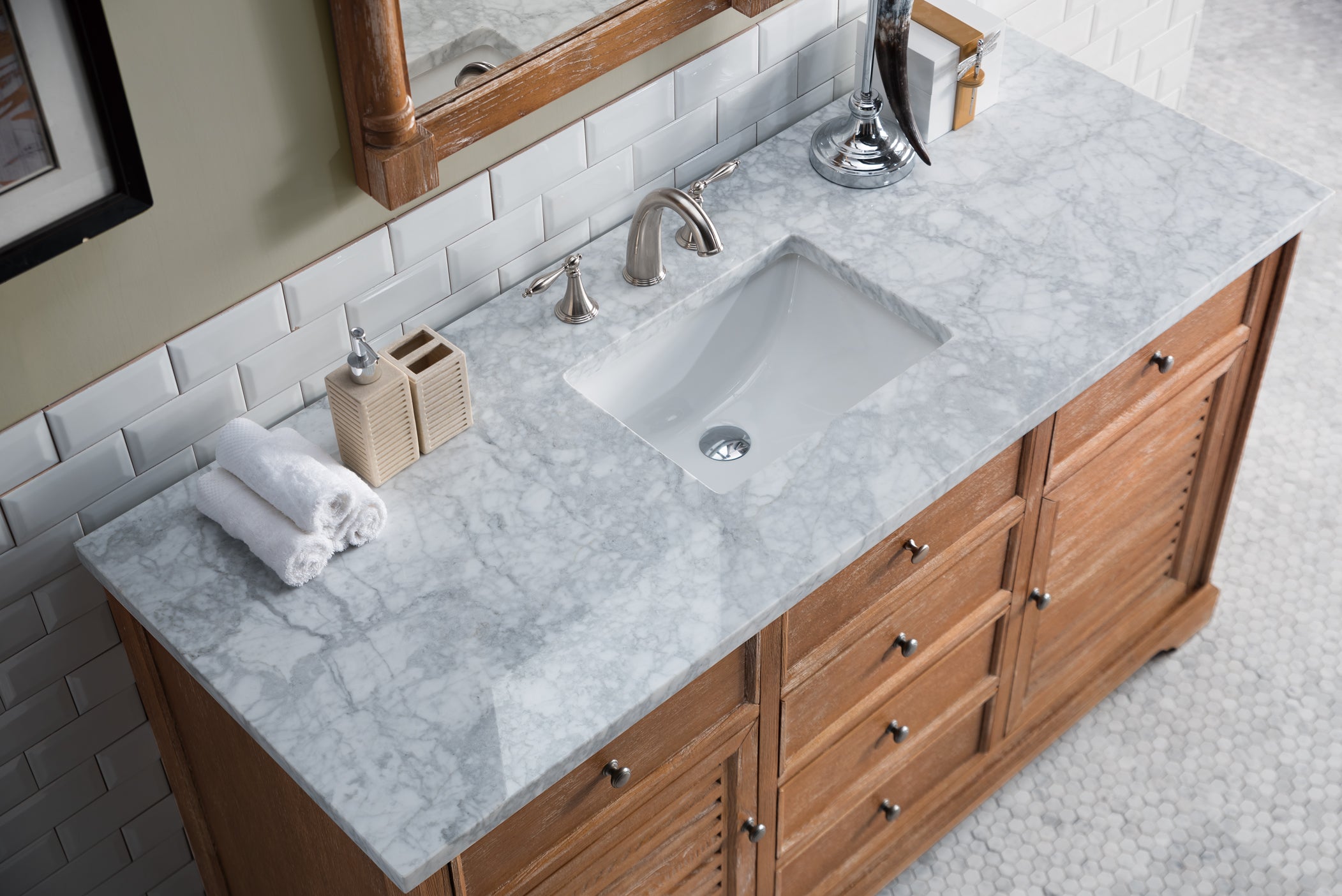 Savannah 60 Inch Driftwood Bathroom Vanity with 3CM Carrara Marble Countertop - Modern Single Sink Vanity for Master Bathroom & Powder Room Remodel
