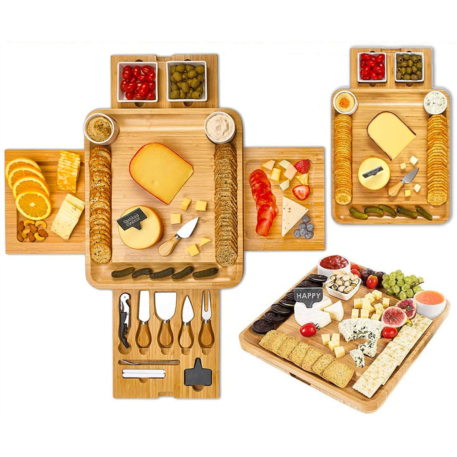 Premium Bamboo Cheese Board Set with 4 Stainless Steel Knives - Elegant Charcuterie Serving Platter for Entertaining - Perfect Gift for Thanksgiving, Christmas, Housewarming & Anniversaries - Great for Wine Parties, Charcuterie Nights & Holiday Gatherings